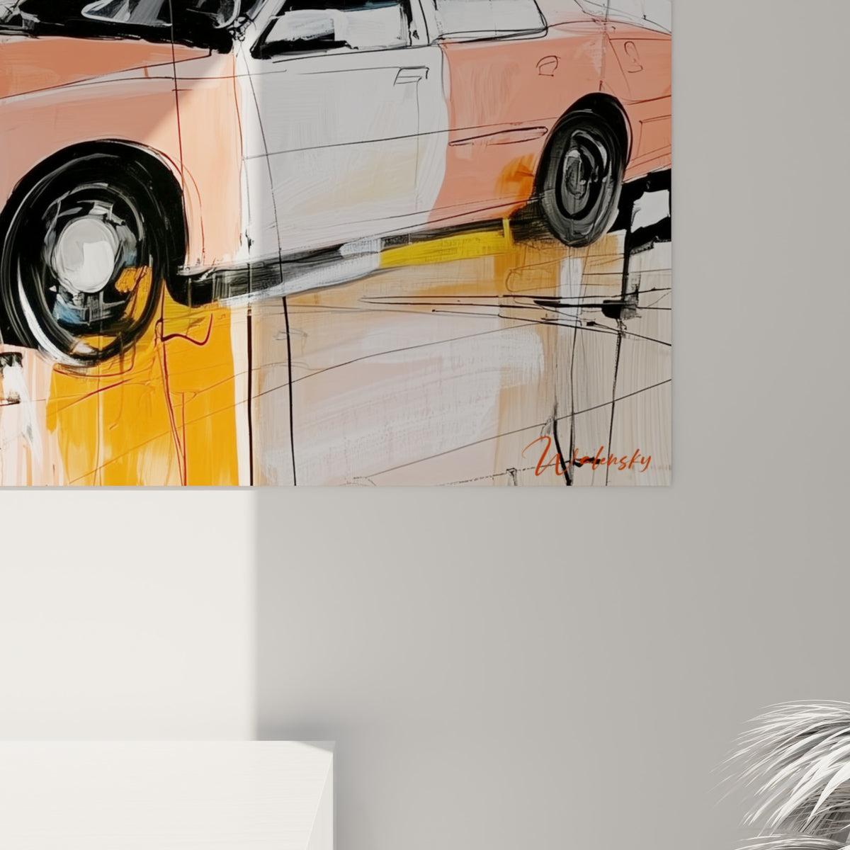 Empâtements noirs et coulures orangées sur carrosserie rose vif de près sur la toile