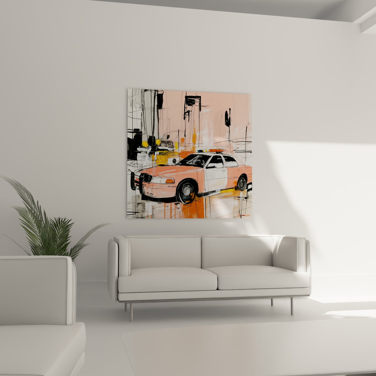 Voiture rose pâle et blanche aux touches jaune moutarde au-dessus d'un canapé dans un salon lumineux