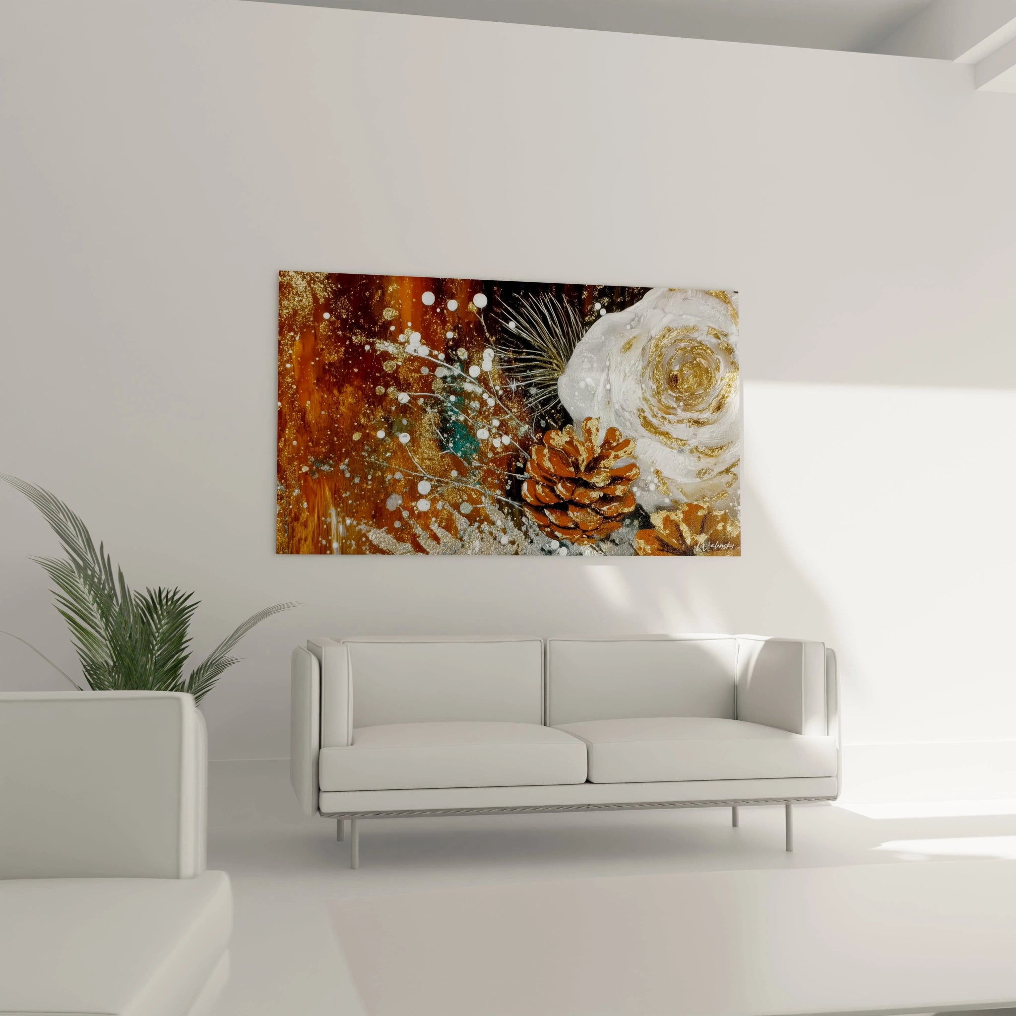 Tableau pomme de pin dorée sur fond artistique avec des éclaboussures de couleur orange et une rose décorative