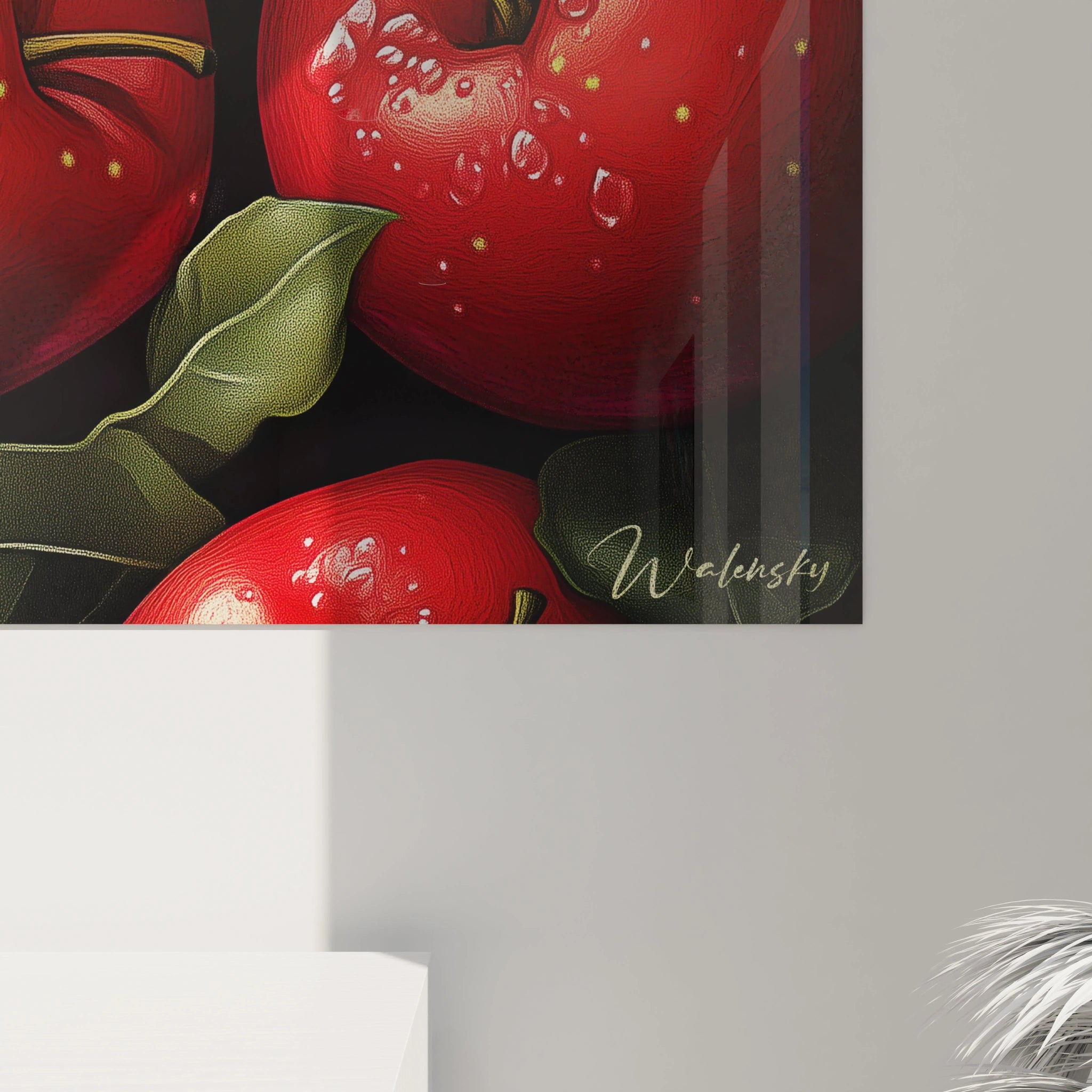 Un tableau pomme montrant des pommes rouges en gros plan, ornĂ©es de gouttes dâeau, avec des reflets intenses et des feuilles vertes aux contours nets sur un fond sombre et lĂ©gĂšrement granuleux.