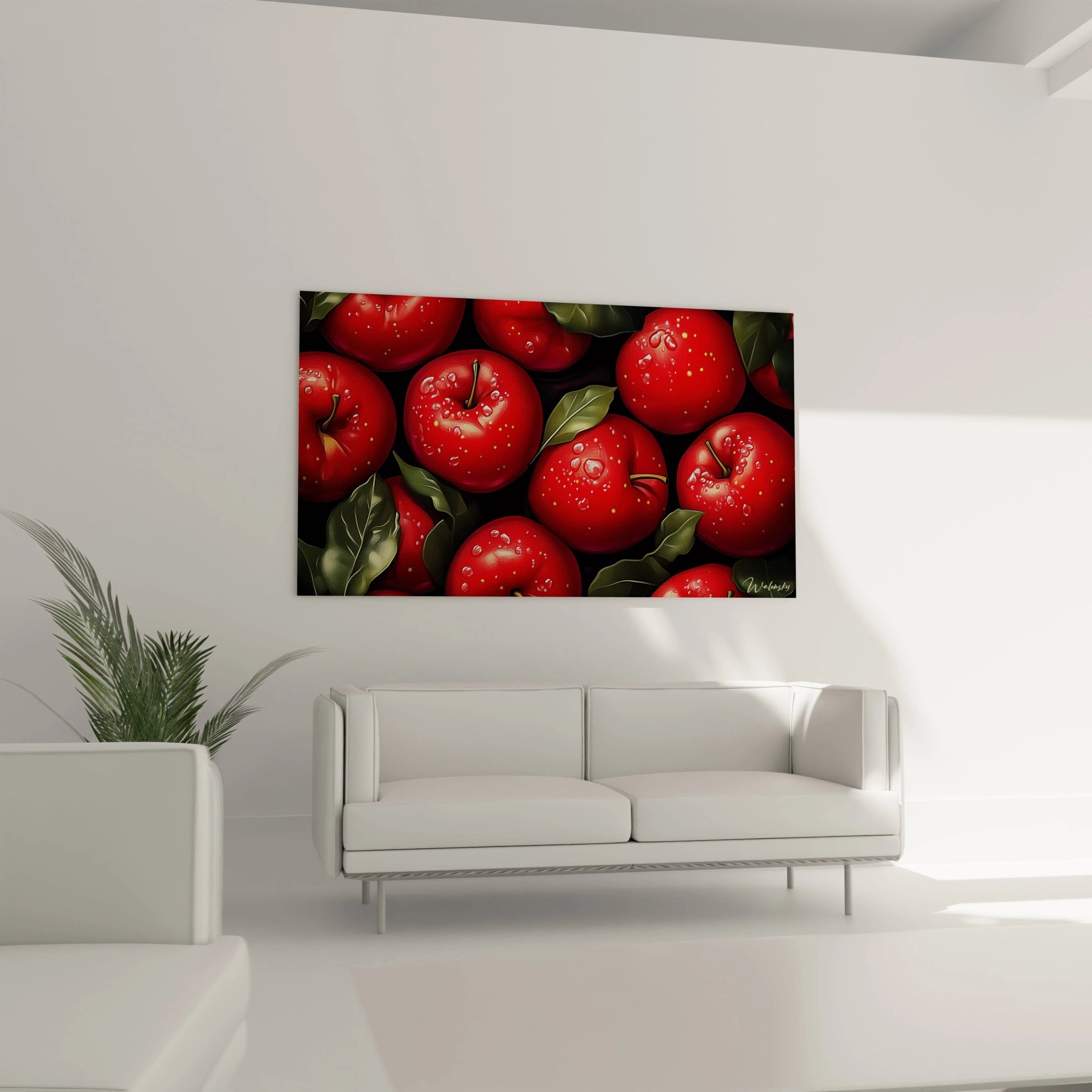Un tableau pomme mettant en avant des pommes rouges saturées avec des éclats de lumiÚre, disposées sur un fond noir texturé, accompagnées de feuilles vertes aux détails marqués.