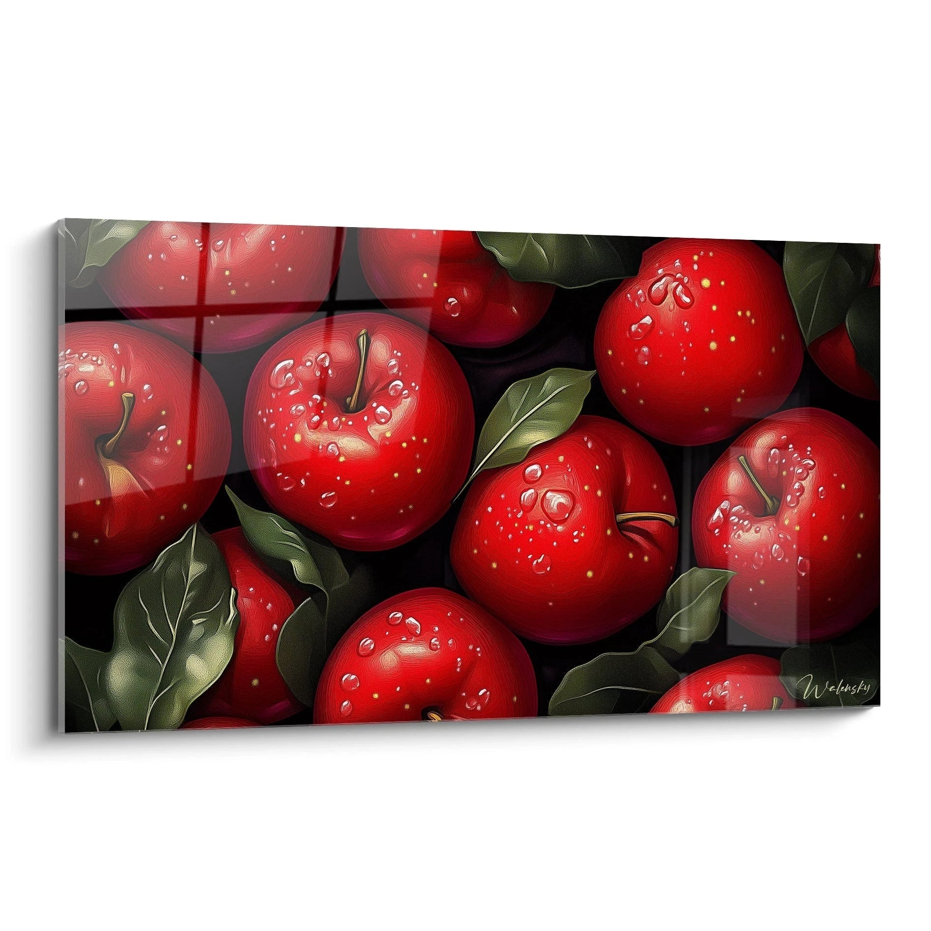 Un tableau pomme représentant des pommes rouges aux reflets lumineux, entourées de feuilles vertes, sur un fond sombre avec une texture lisse et des détails précis sur la surface du fruit.