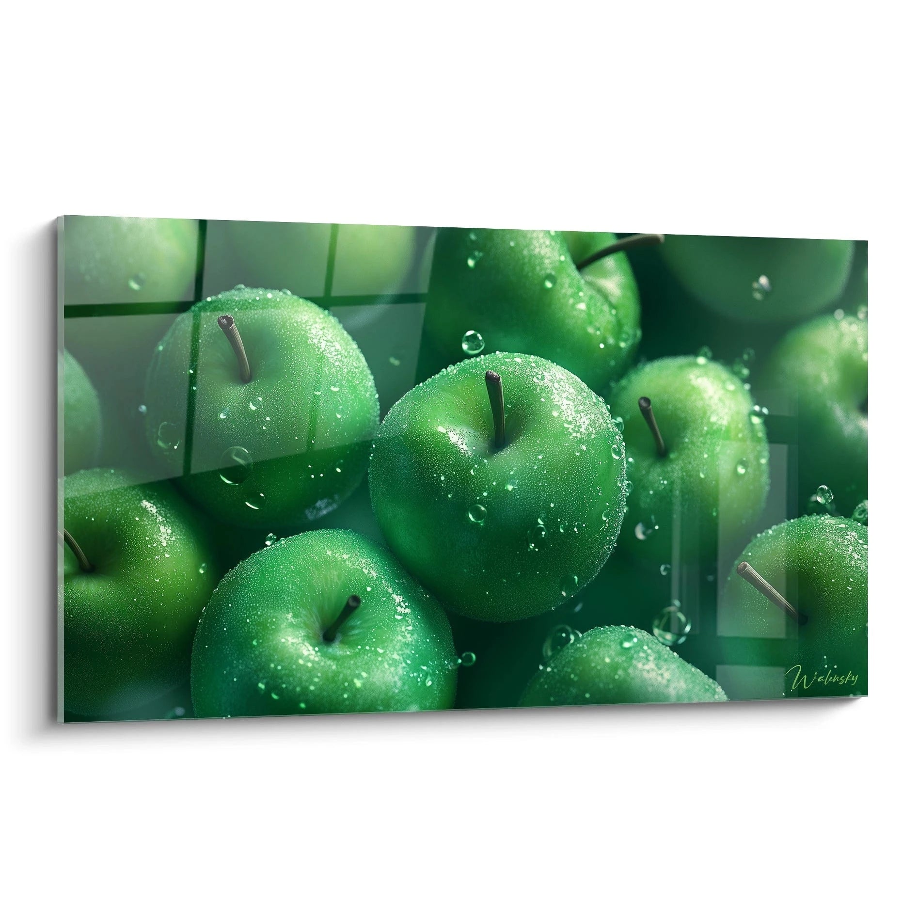 Un tableau pomme représentant plusieurs pommes vertes aux surfaces lisses et brillantes, parsemées de gouttelettes d’eau. Les textures réalistes contrastent avec un fond vert dégradé aux nuances profondes.