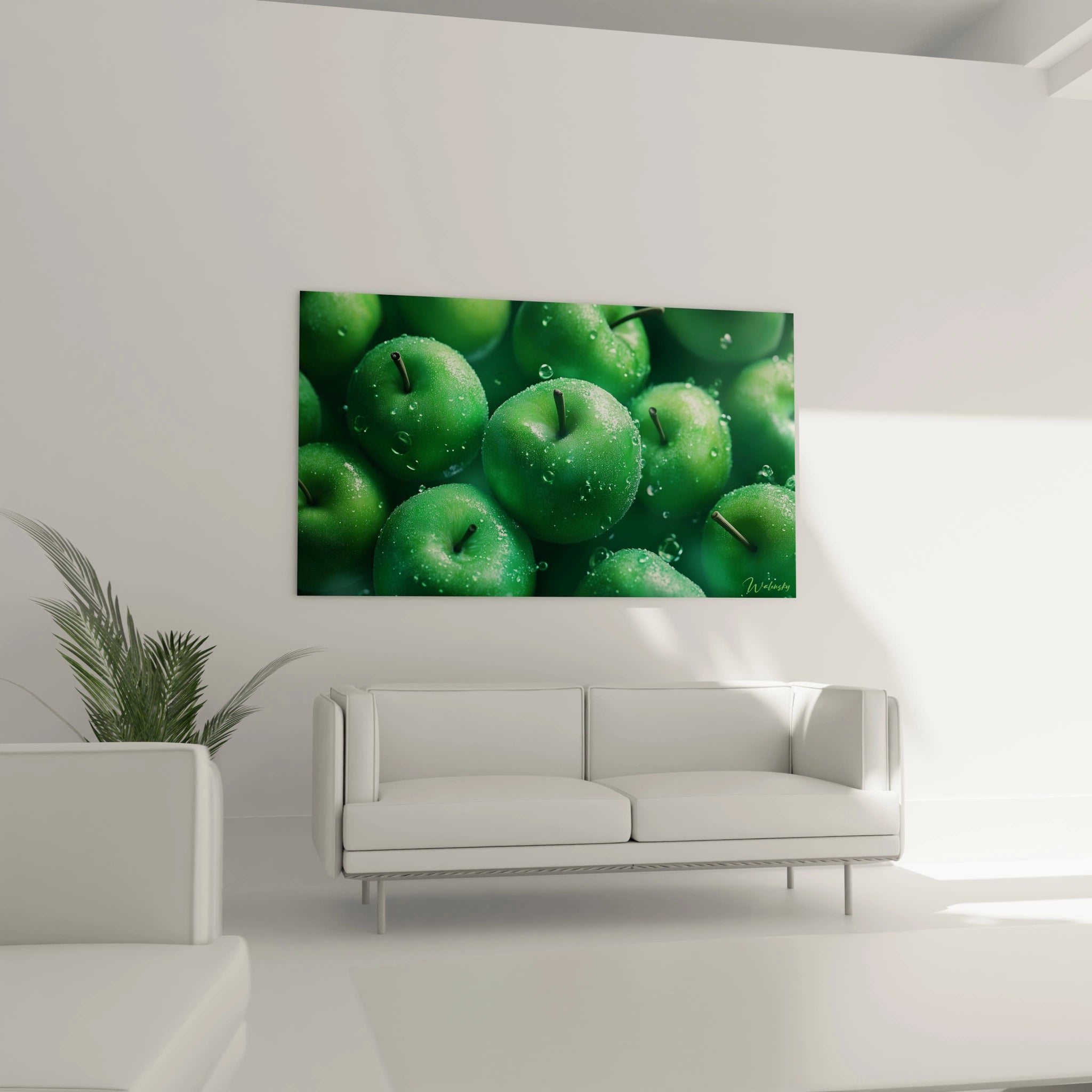 Un tableau pomme mettant en scène un groupe de pommes vertes aux reflets éclatants. L’image présente des surfaces détaillées avec un effet d’humidité, sur un arrière-plan vert foncé et diffus.
