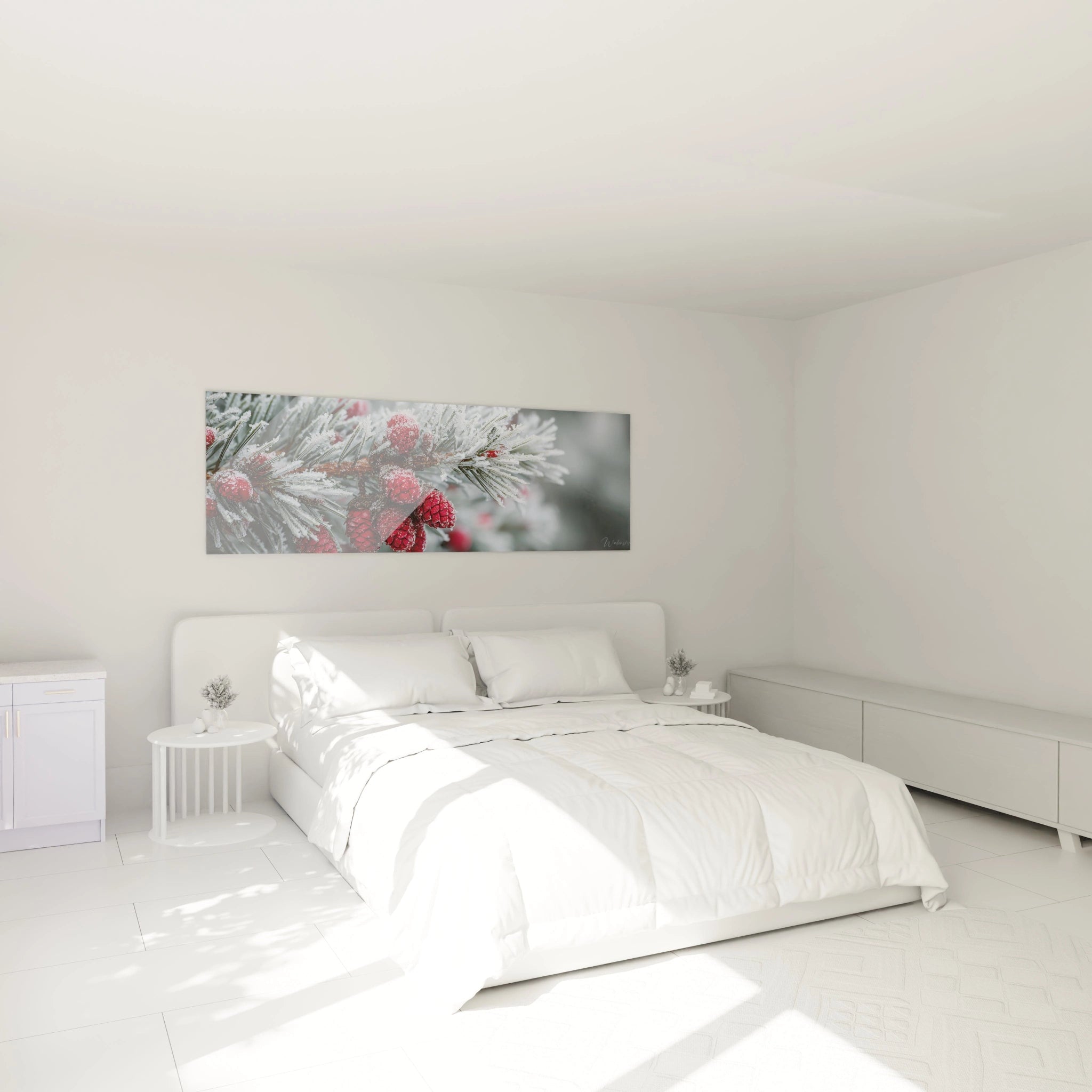 Tableau mural art contemporain Noël avec des baies rouges sur fond blanc pour décorer une chambre moderne