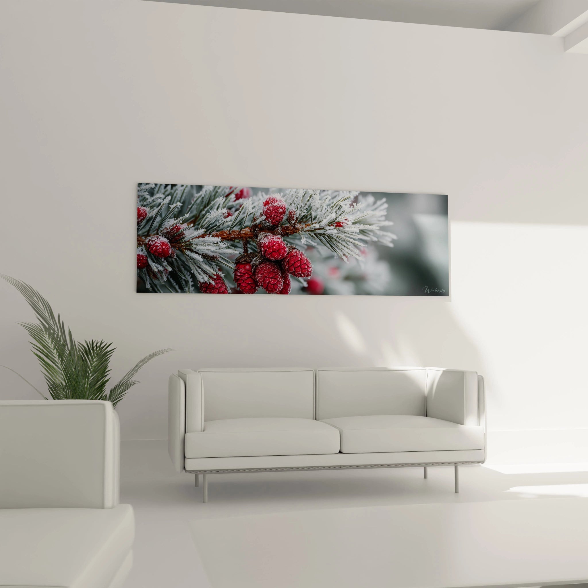 Tableau mural art contemporain Noël avec des baies rouges sur une branche enneigée dans un salon moderne
