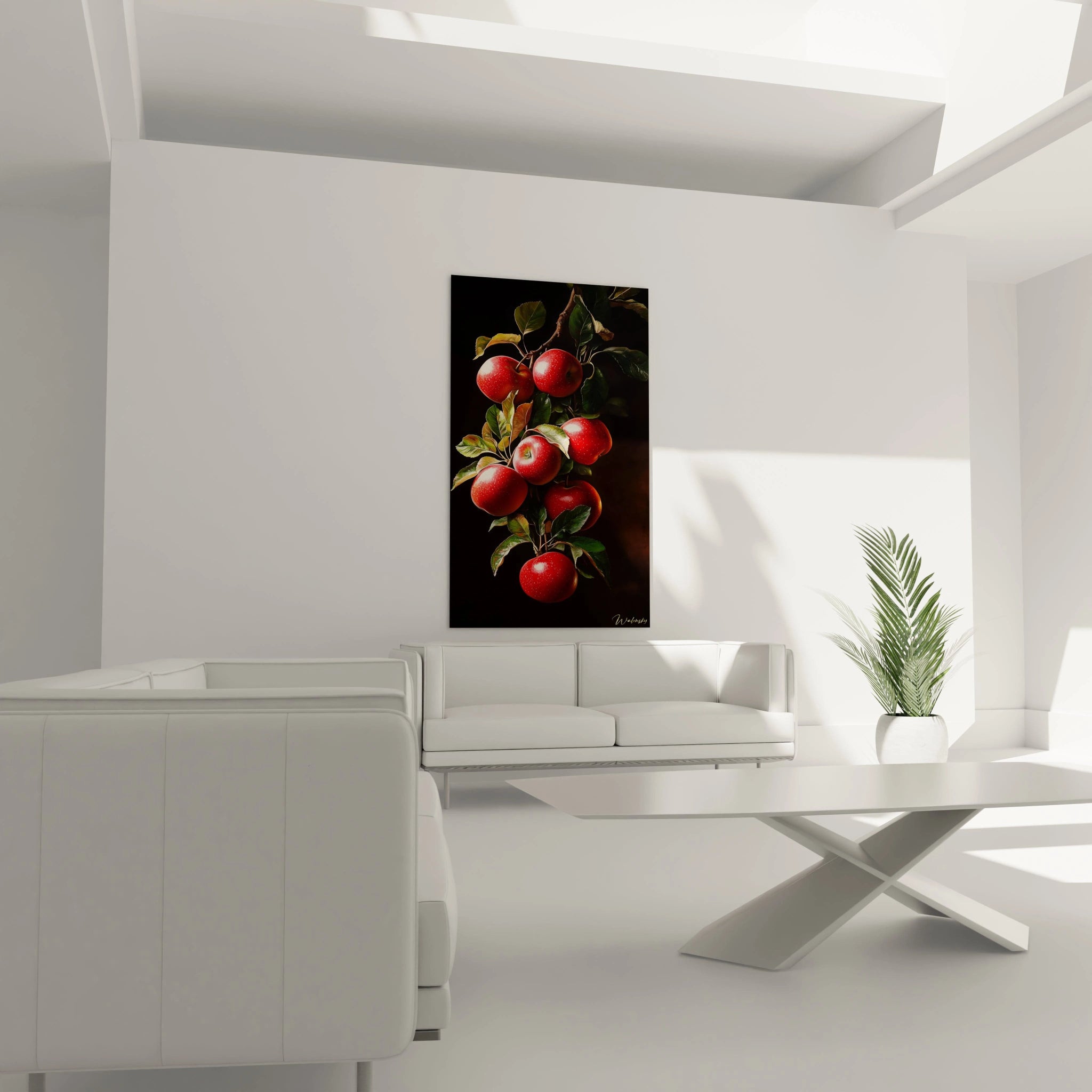 Un tableau Pommier nature mettant en scĂšne des pommes rouges aux reflets brillants, des feuilles dĂ©taillĂ©es aux tons verts et marron, et une composition jouant sur les contrastes de lumiĂšre et dâombre.