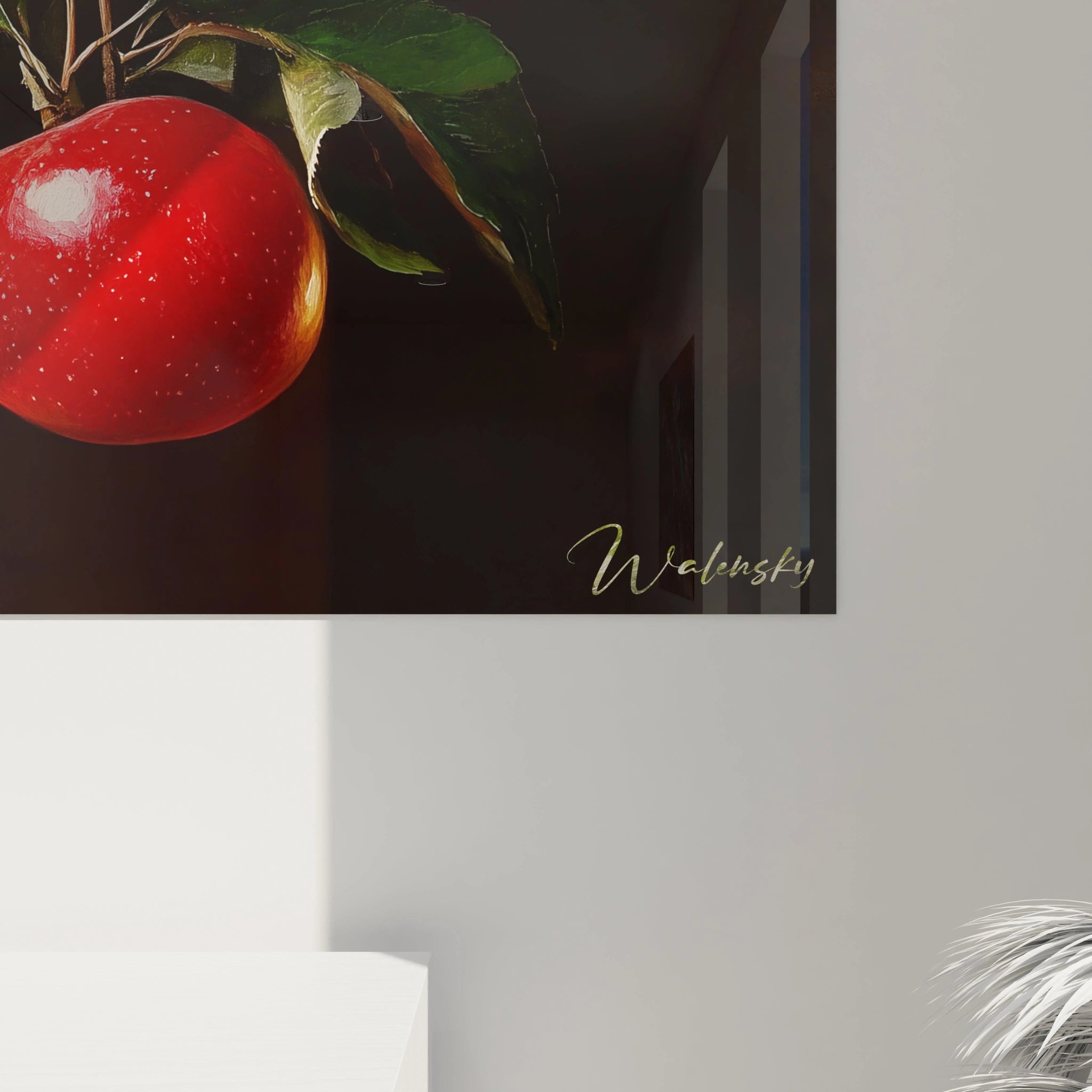 Un tableau Pommier nature montrant des pommes rouge vif accrochées à une branche brune, avec des feuilles texturées aux nuances vertes et dorées, sur un arriÚre-plan foncé accentuant les reliefs.