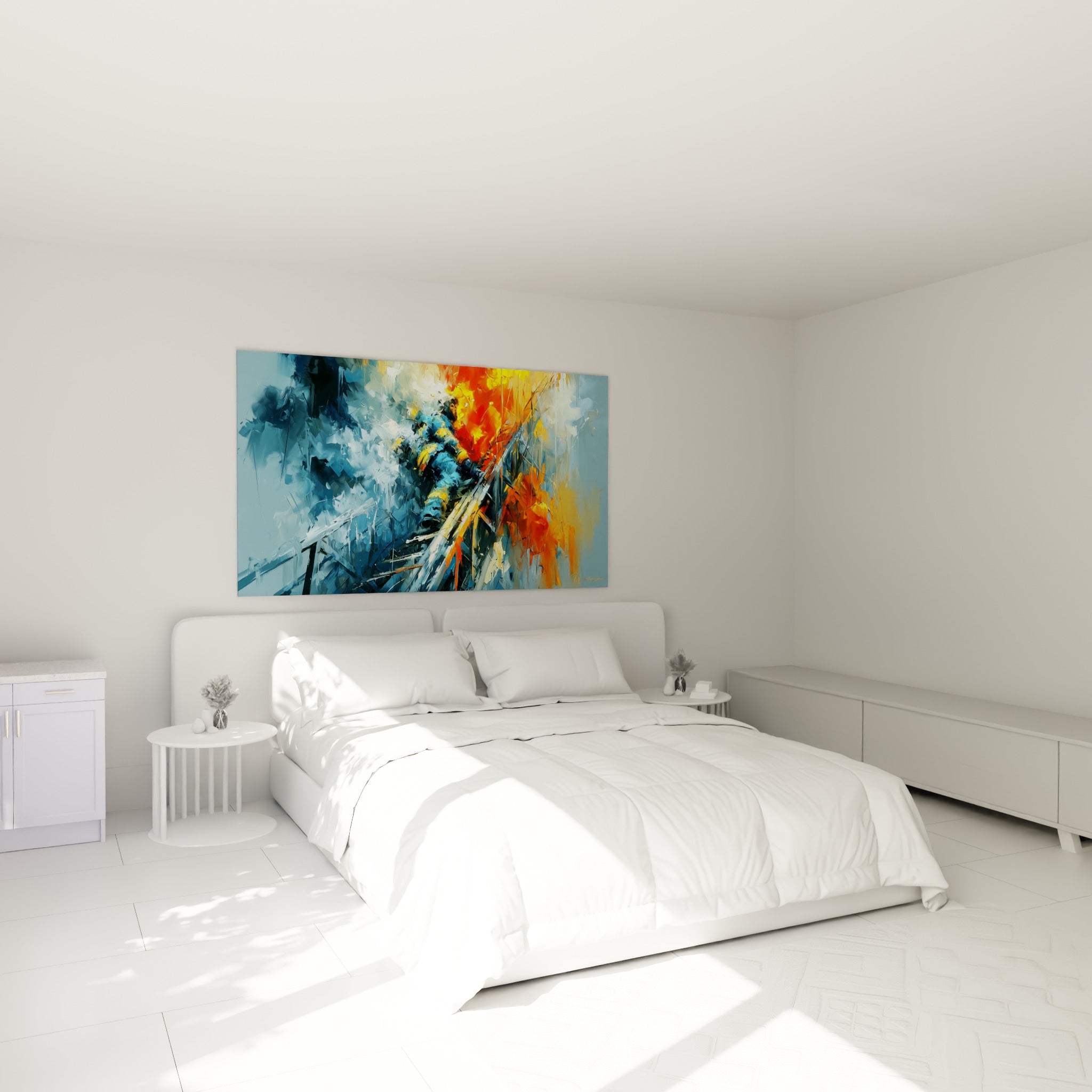 Pompier saisi dans un brasier orangé et bleu ardoise, accroché au-dessus d'un lit dans une chambre claire