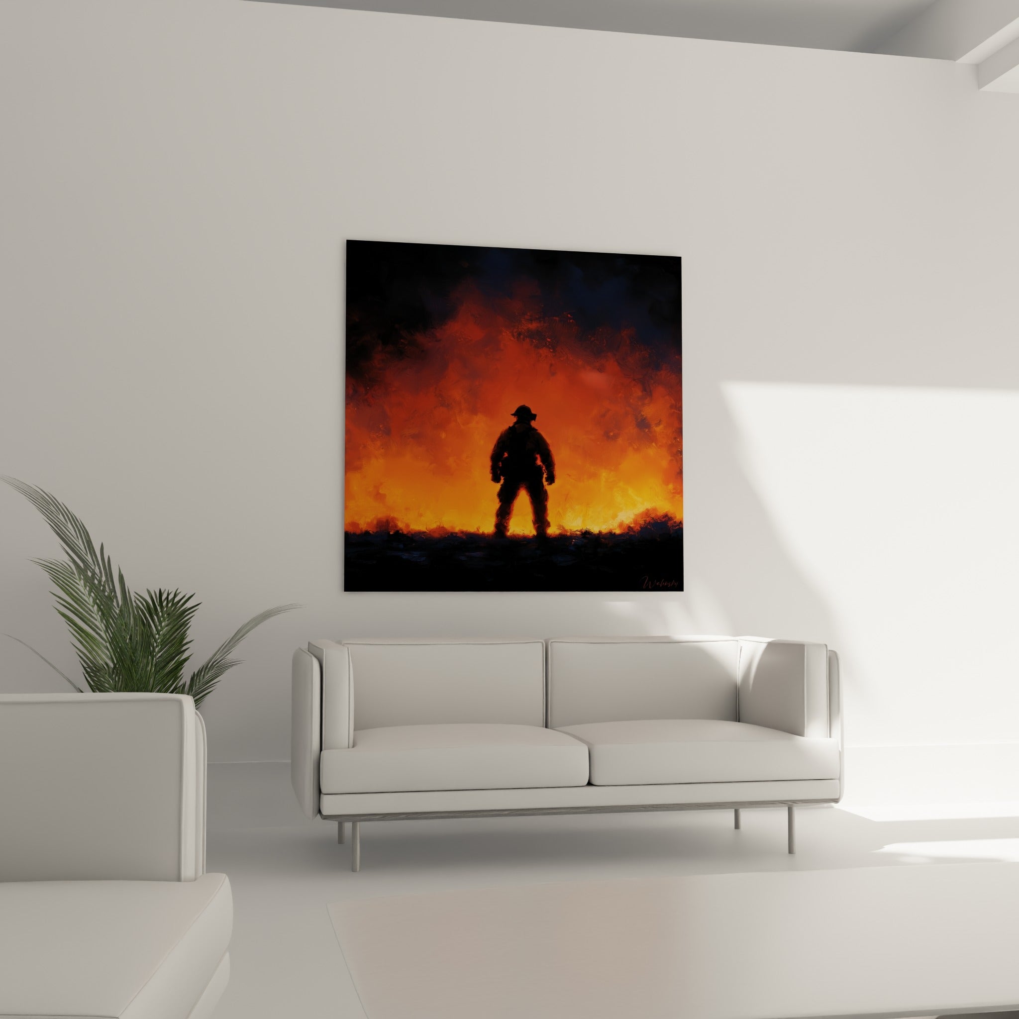 Homme en tenue de pompier face au feu anthracite et orange, au-dessus d'un canapé dans un salon lumineux