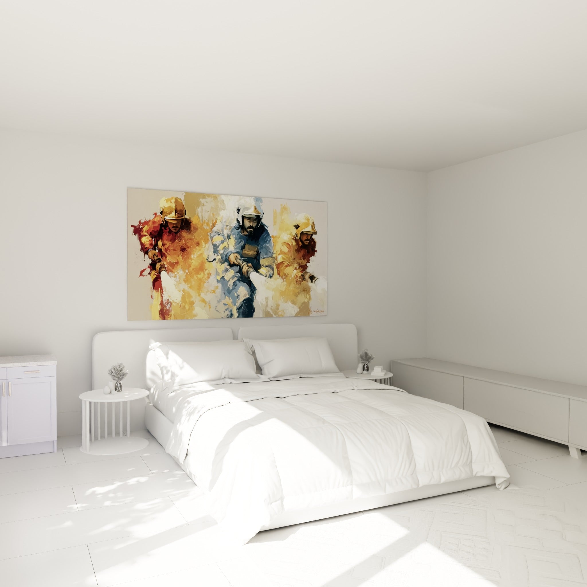 Trois pompiers aux casques dorés et combinaison bleu marine, peints au-dessus d'un lit dans une chambre claire