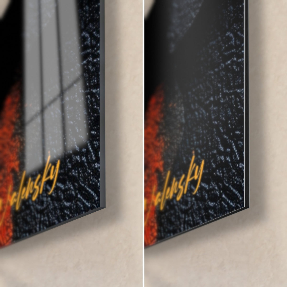 Tableau homme casqué en peinture écaillée, coin bas droit : verre acrylique brillant à gauche, Dibond noir mat à droite, tranche 3 mm