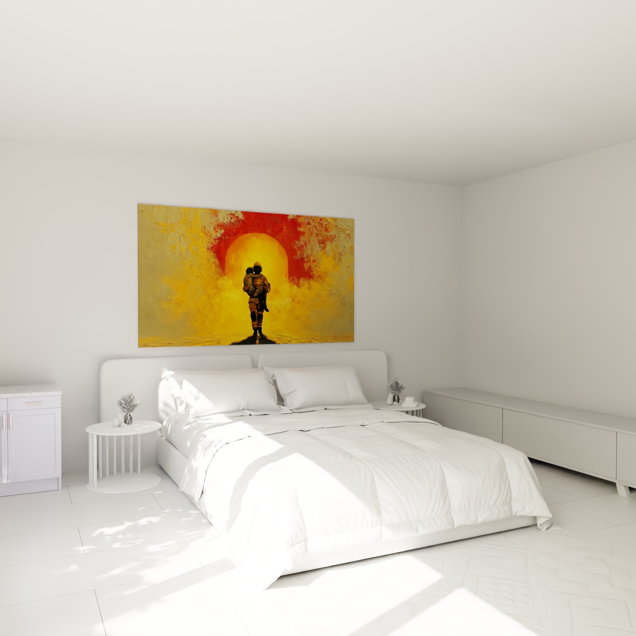 Sauveteur et enfant enlacés dans une arche dorée et rouge, accroché au-dessus d'un lit dans une chambre claire