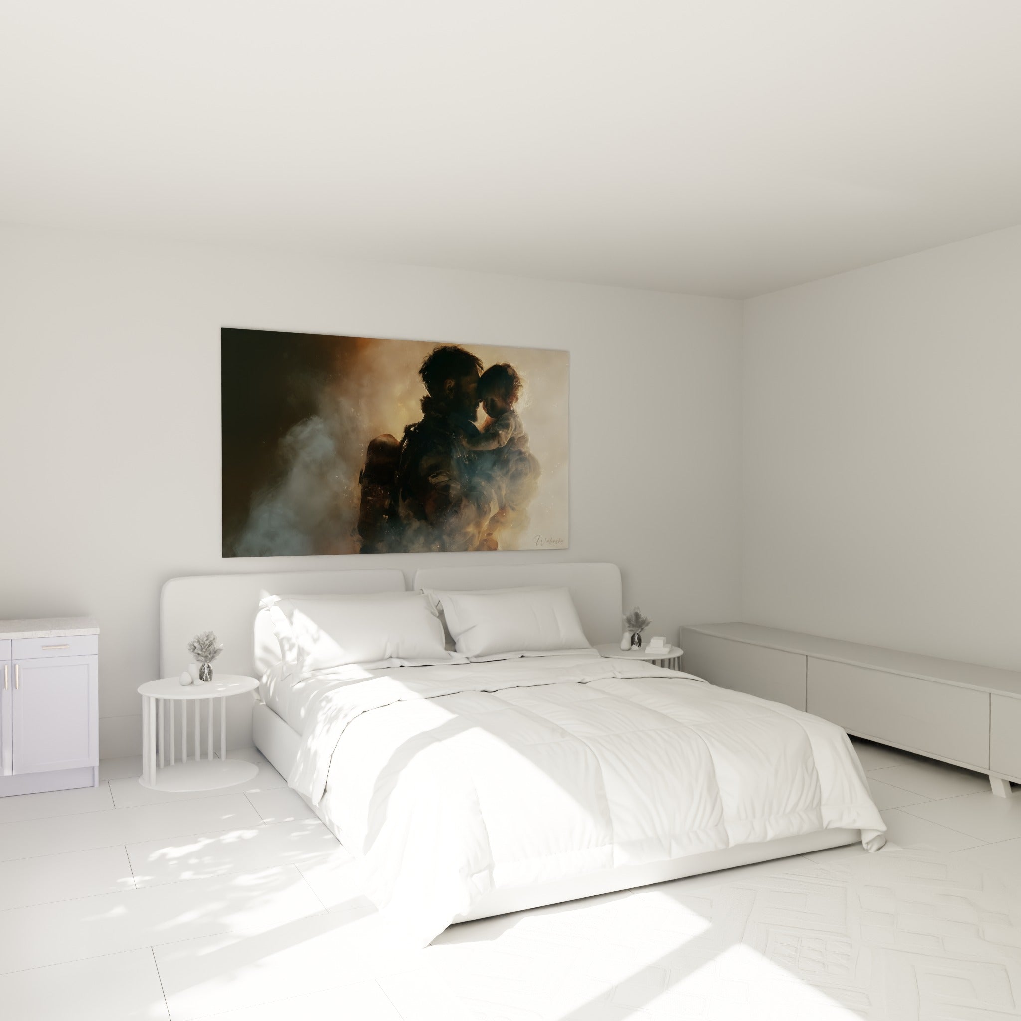 Étreinte d'un pompier et d'un enfant en ombre dorée, au-dessus d'un lit dans une chambre claire