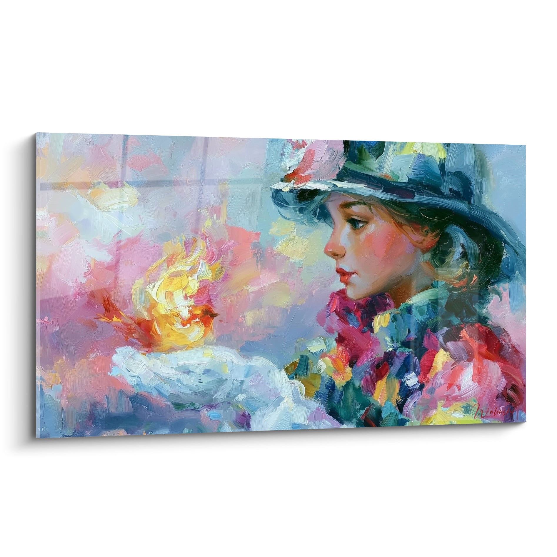 Pompiers en portrait pictural, femme au chapeau bleu marine face à une flamme dorée éclatante