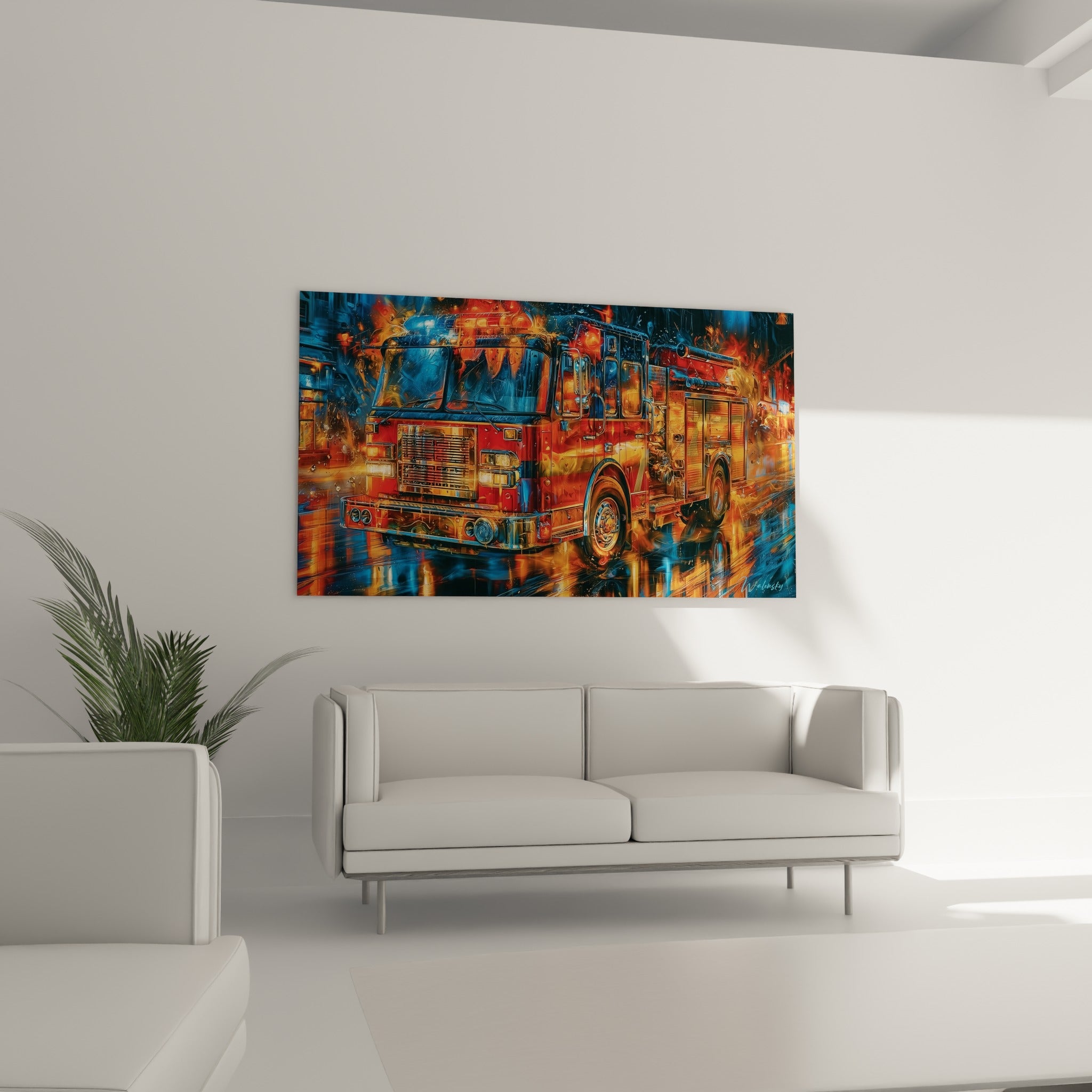 Engin de secours rouge vif et bleu profond, touche picturale intense au-dessus d'un canapé dans un salon lumineux
