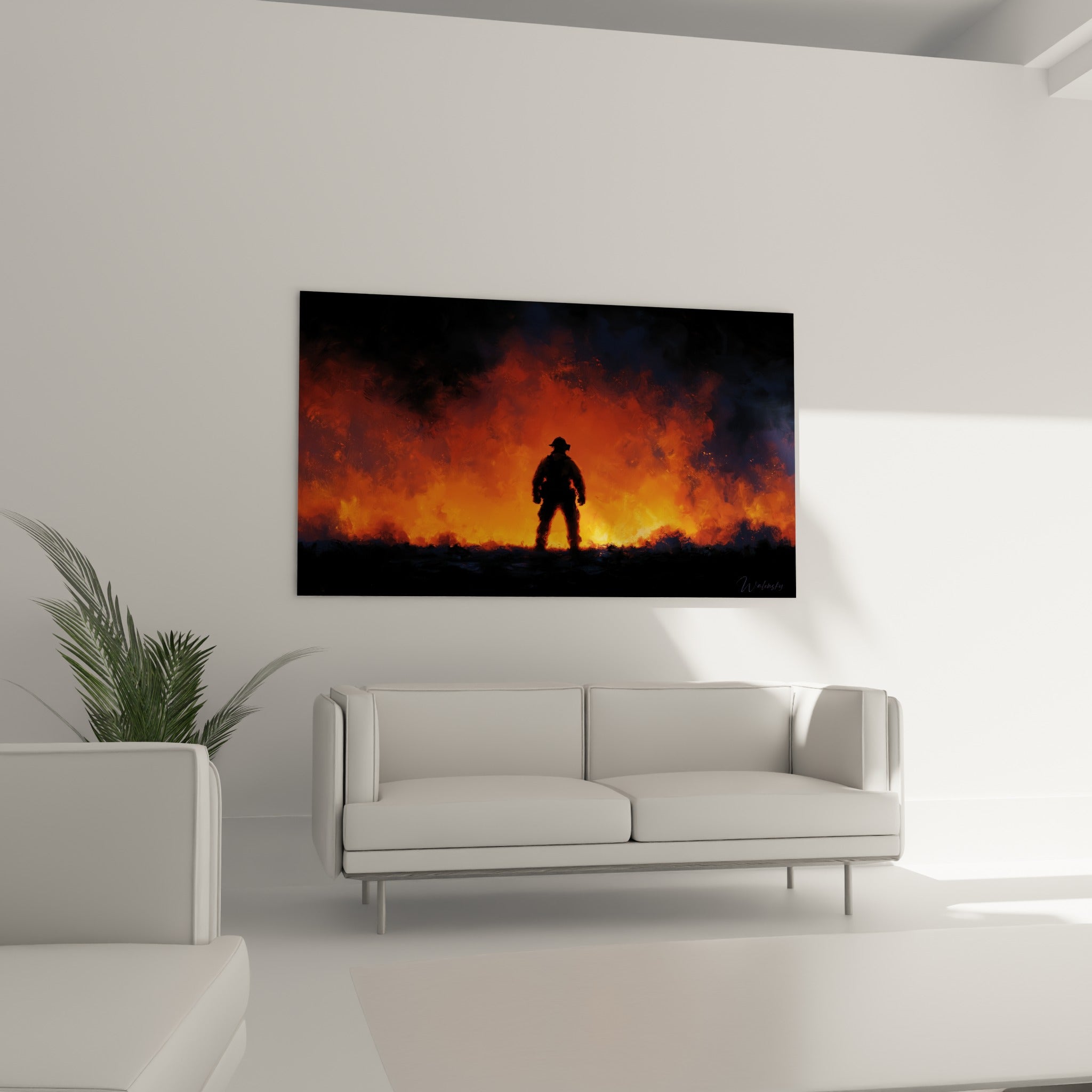 Silhouette du pompier cernée de flammes orange et fumée bleutée, au-dessus d'un canapé dans un salon lumineux