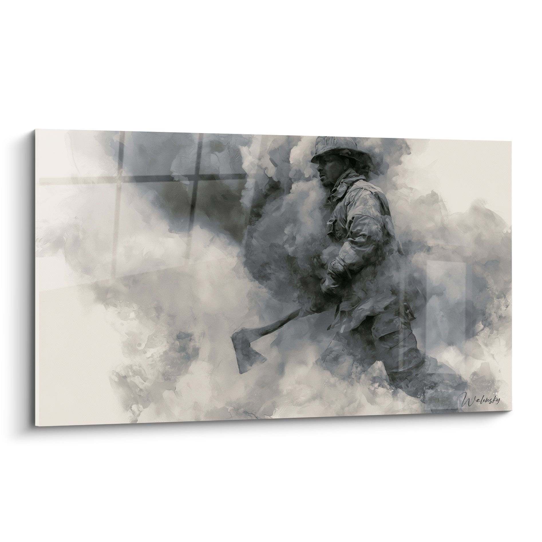 Pompier anthracite et beige traversant un nuage de fumée dense, hache en main, style aquarelle