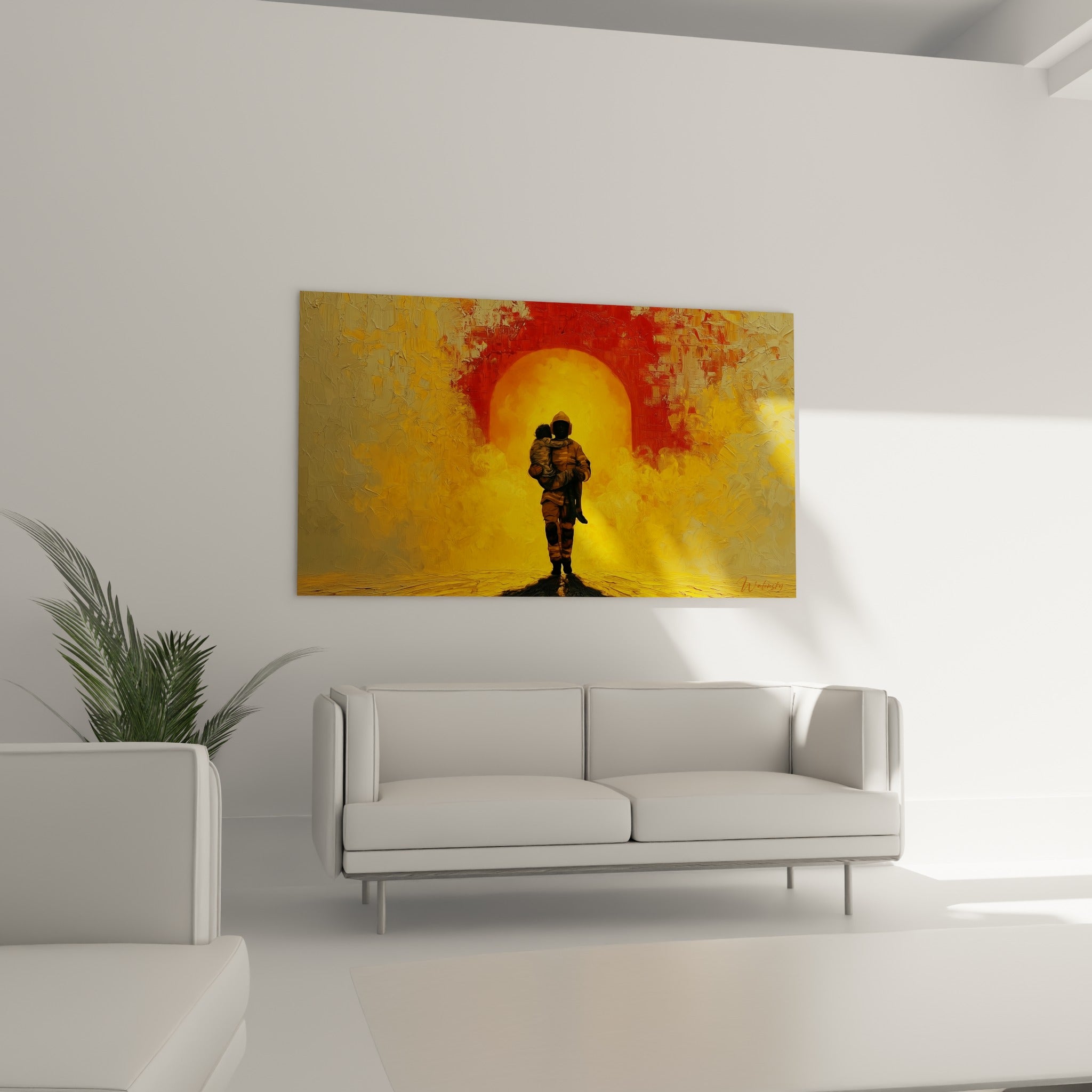 Silhouette du pompier héroïque se détachant sur des tons jaunes et rouges, au-dessus d'un canapé dans un salon lumineux