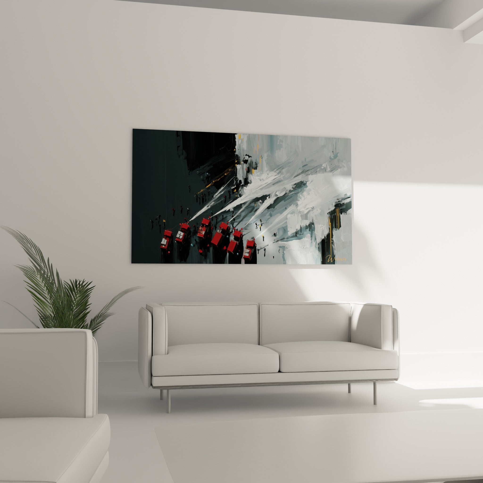 Jets d'eau blancs jaillissant des camions rouges peints au-dessus d'un canapé dans un salon lumineux