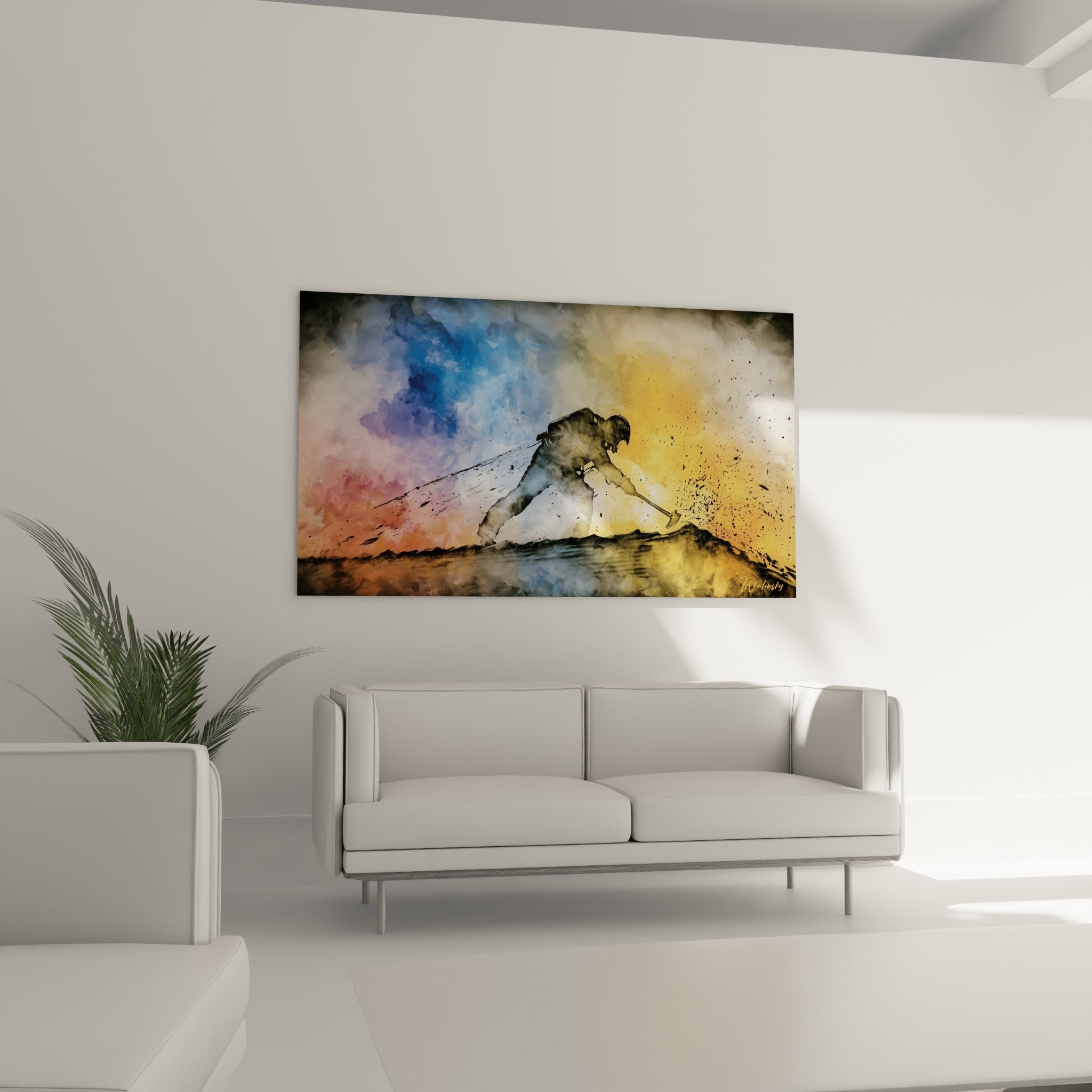 Homme casqué frappant le sol dans un décor éclaboussé ocre et bleu, au-dessus d'un canapé dans un salon lumineux