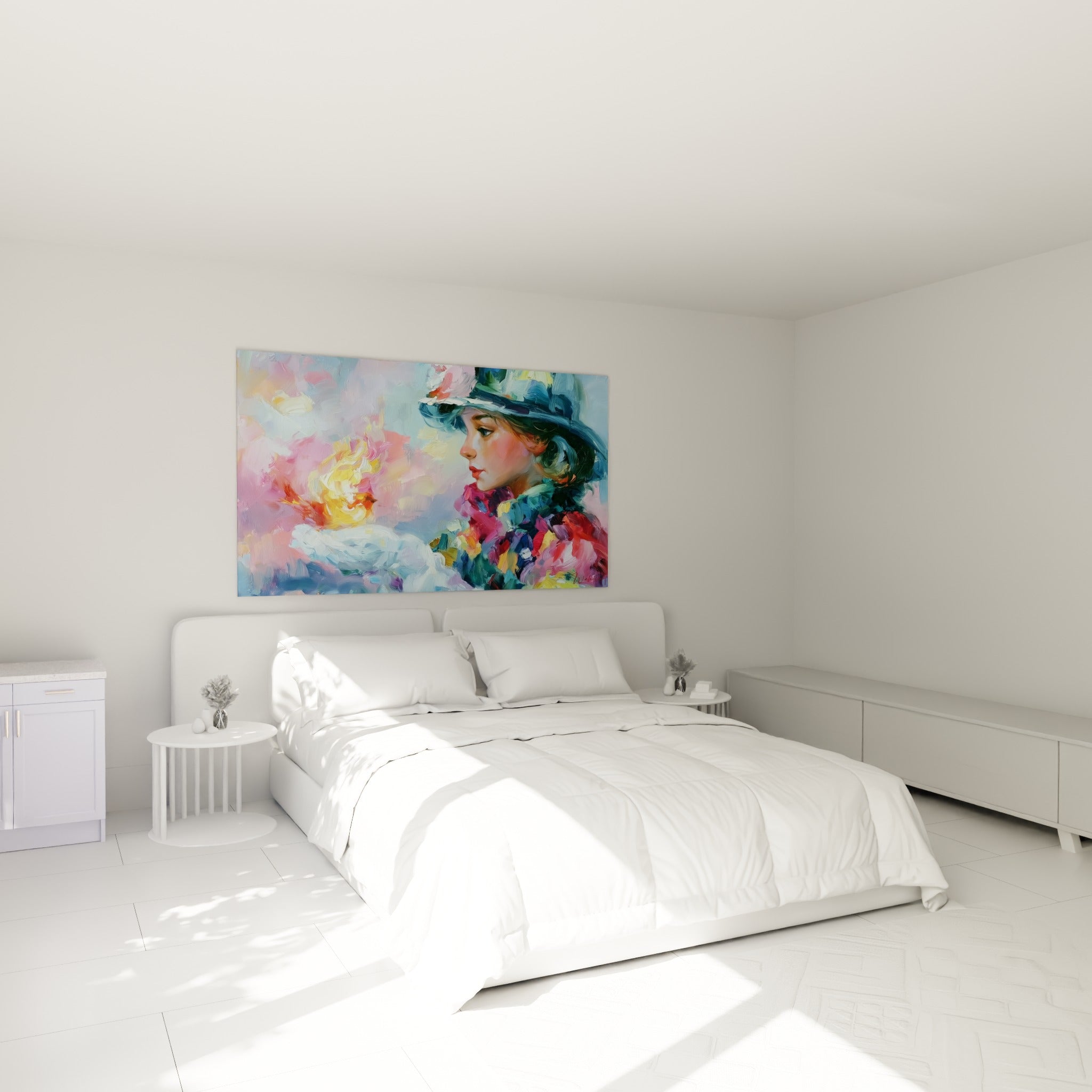 Pompiers évoqué par une femme au chapeau bleu et flamme orangée, au-dessus d'un lit dans une chambre claire