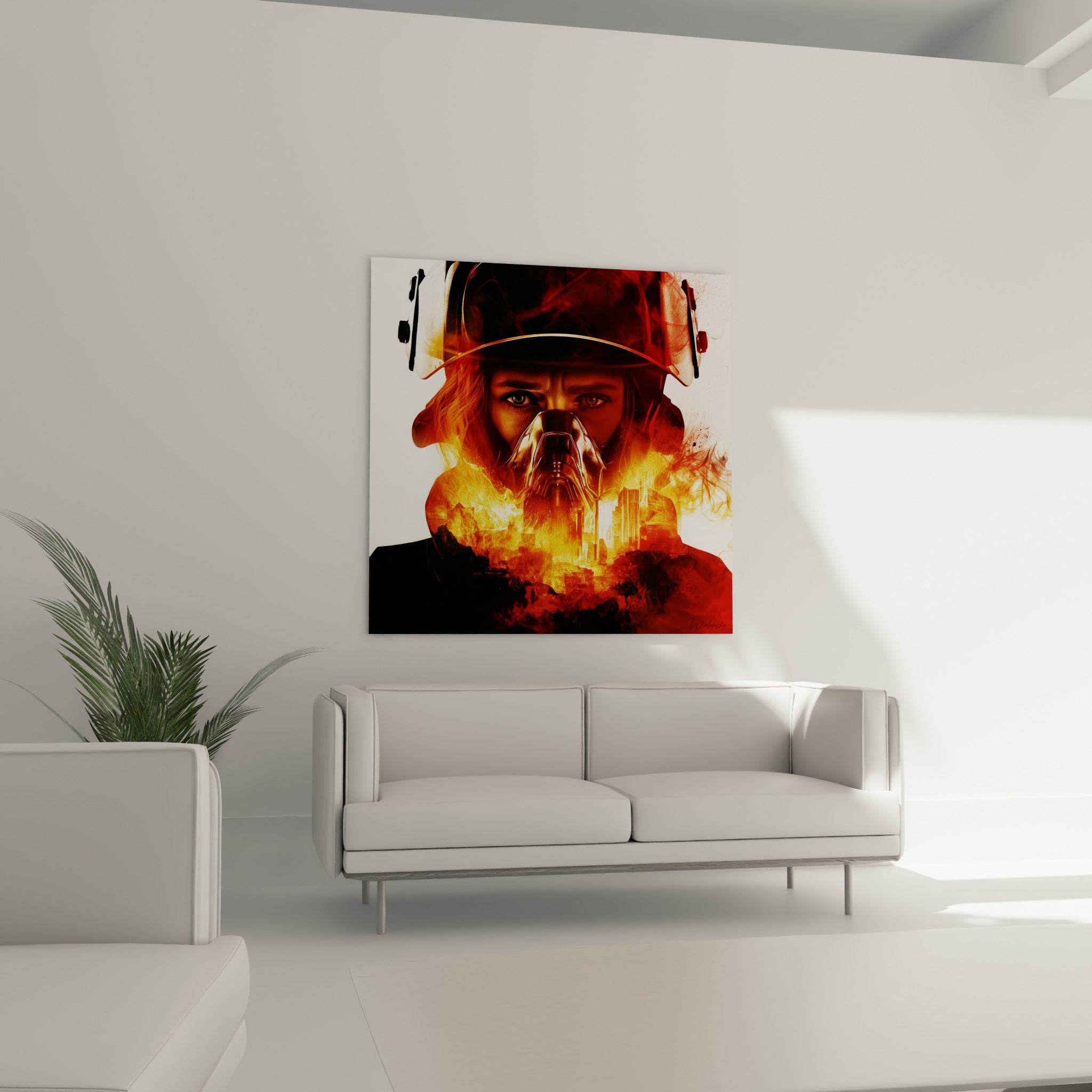 Visage masqué et brasier doré de ce tableau pompiers au-dessus d'un canapé dans un salon lumineux