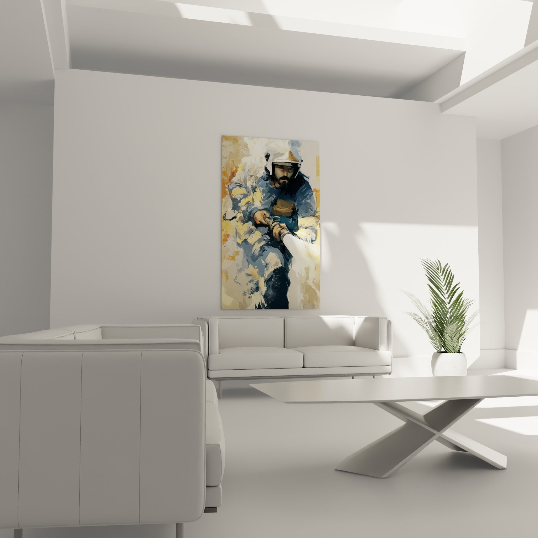 Silhouette du pompier en tenue bleue et ocre maniant sa lance, accrochée au-dessus d'un canapé dans un salon lumineux