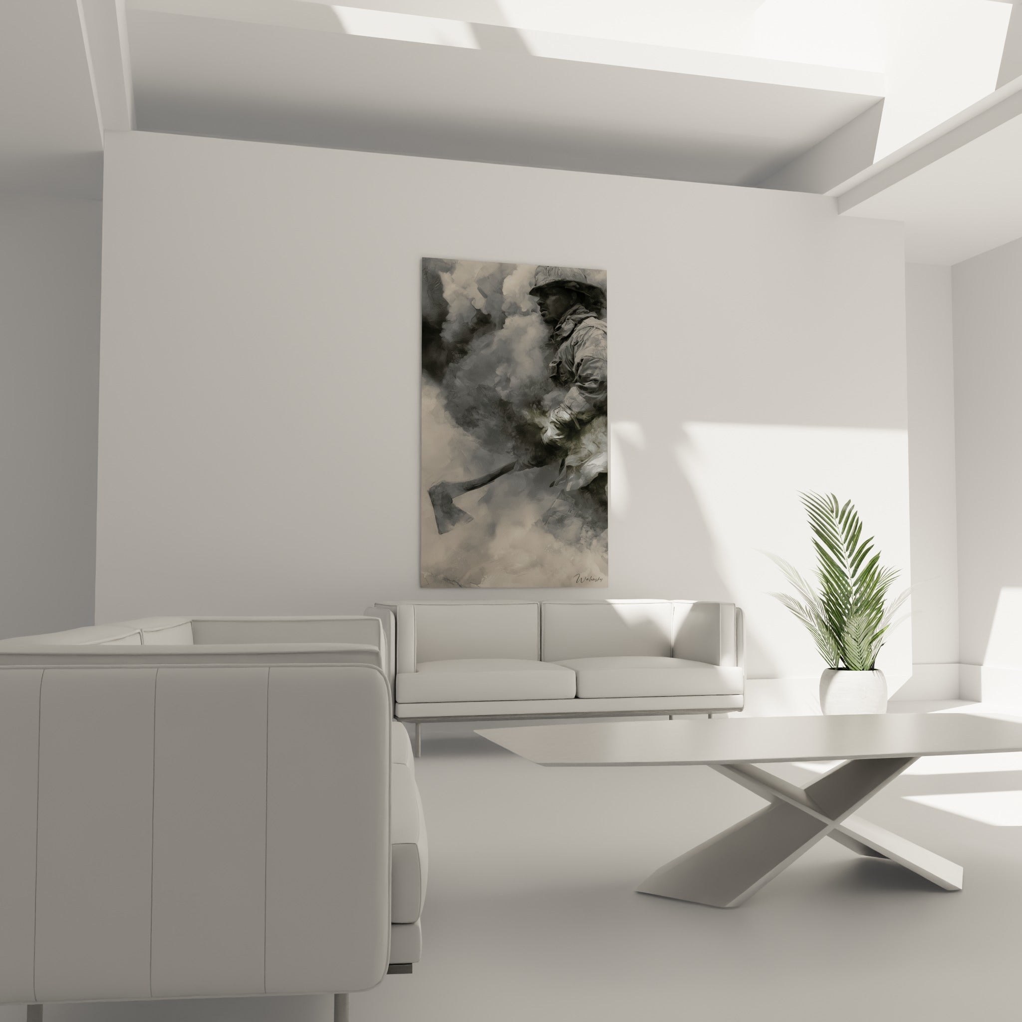 Silhouette de pompier casqué émergeant d'un nuage anthracite et beige, au-dessus d'un canapé dans un salon lumineux.