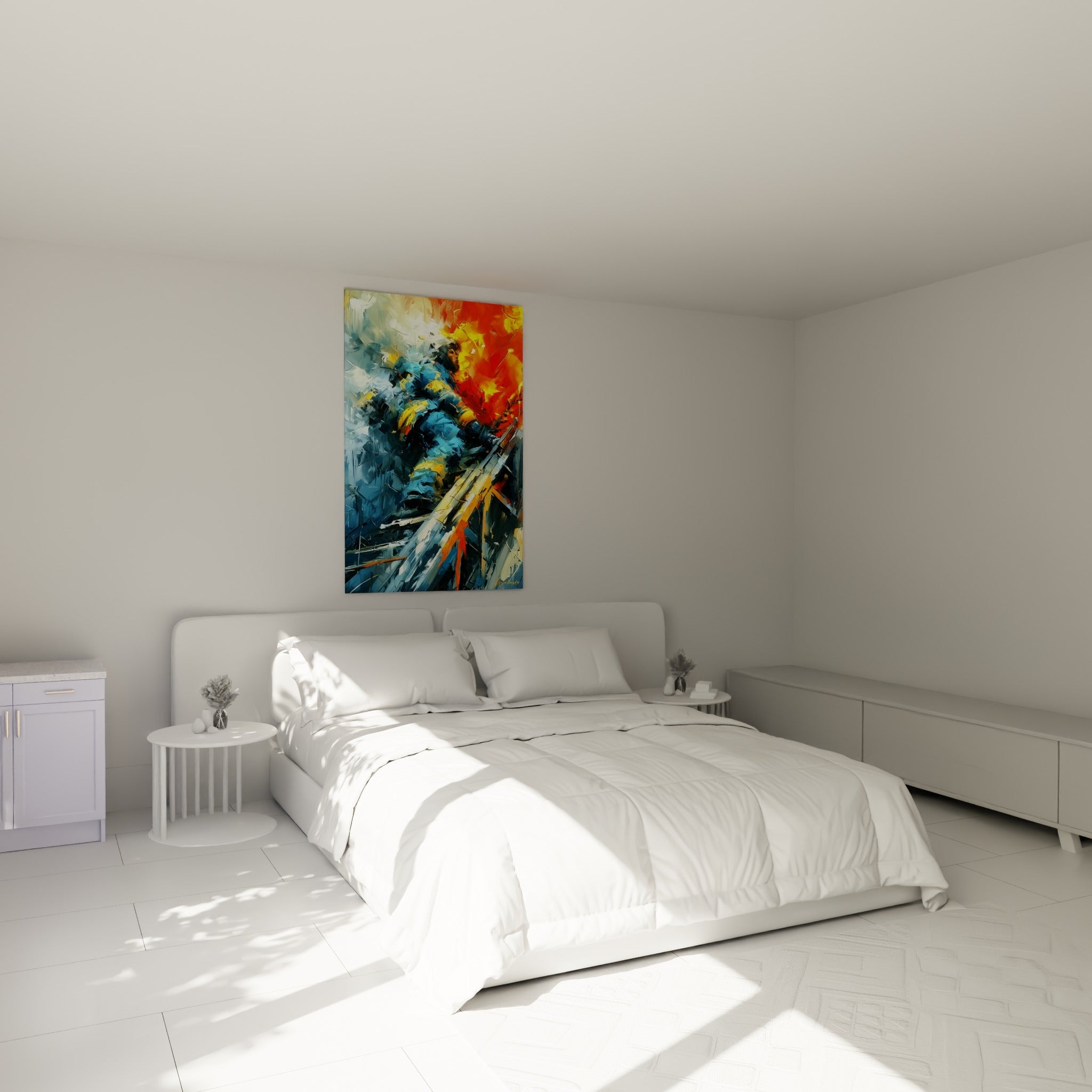Pompier bleu et jaune gravissant une échelle au milieu d'un brasier orange, au-dessus d'un lit dans une chambre claire