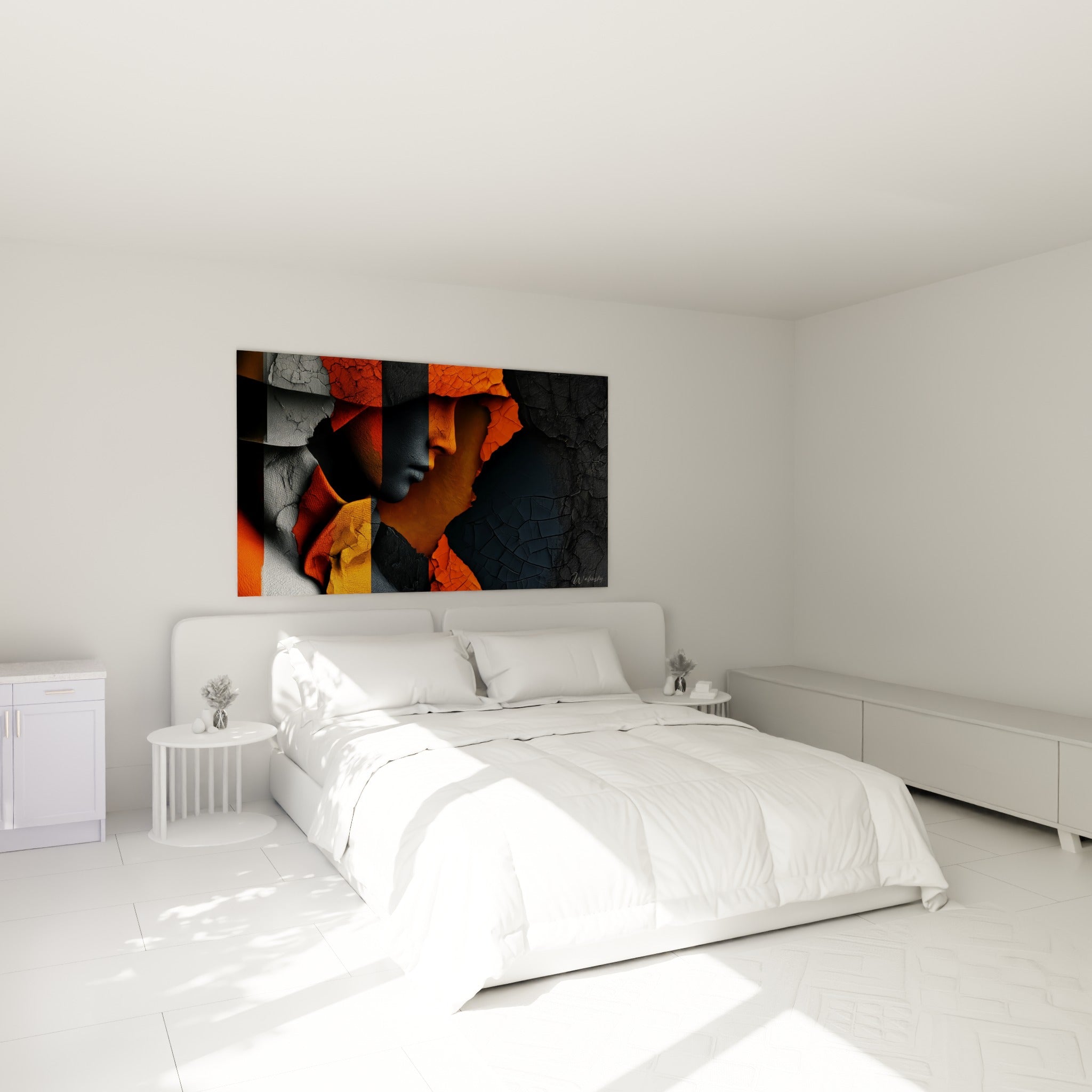 Pompiers au profil orange fauve et gris texturé, accroché au-dessus d'un lit dans une chambre claire