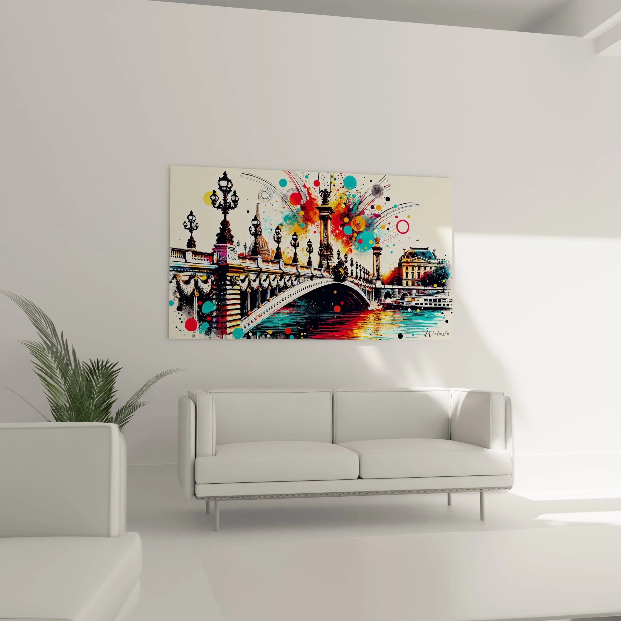 tableau Pont Alexandre III dans un salon illumine l’espace avec des teintes vibrantes de bleu et d’orange. L’élégance architecturale et les éclats abstraits ajoutent un dynamisme unique à la pièce.