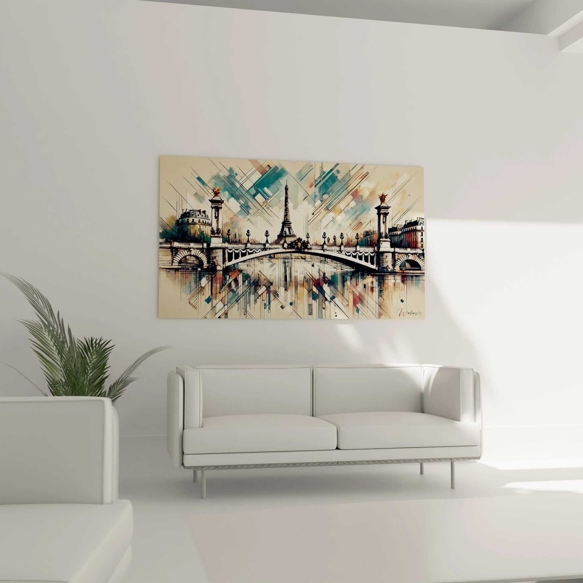 tableau Pont Alexandre III dans un salon capte l’attention grâce à ses textures riches et ses reflets dorés. Il ajoute une touche de majesté parisienne au-dessus du canapé.