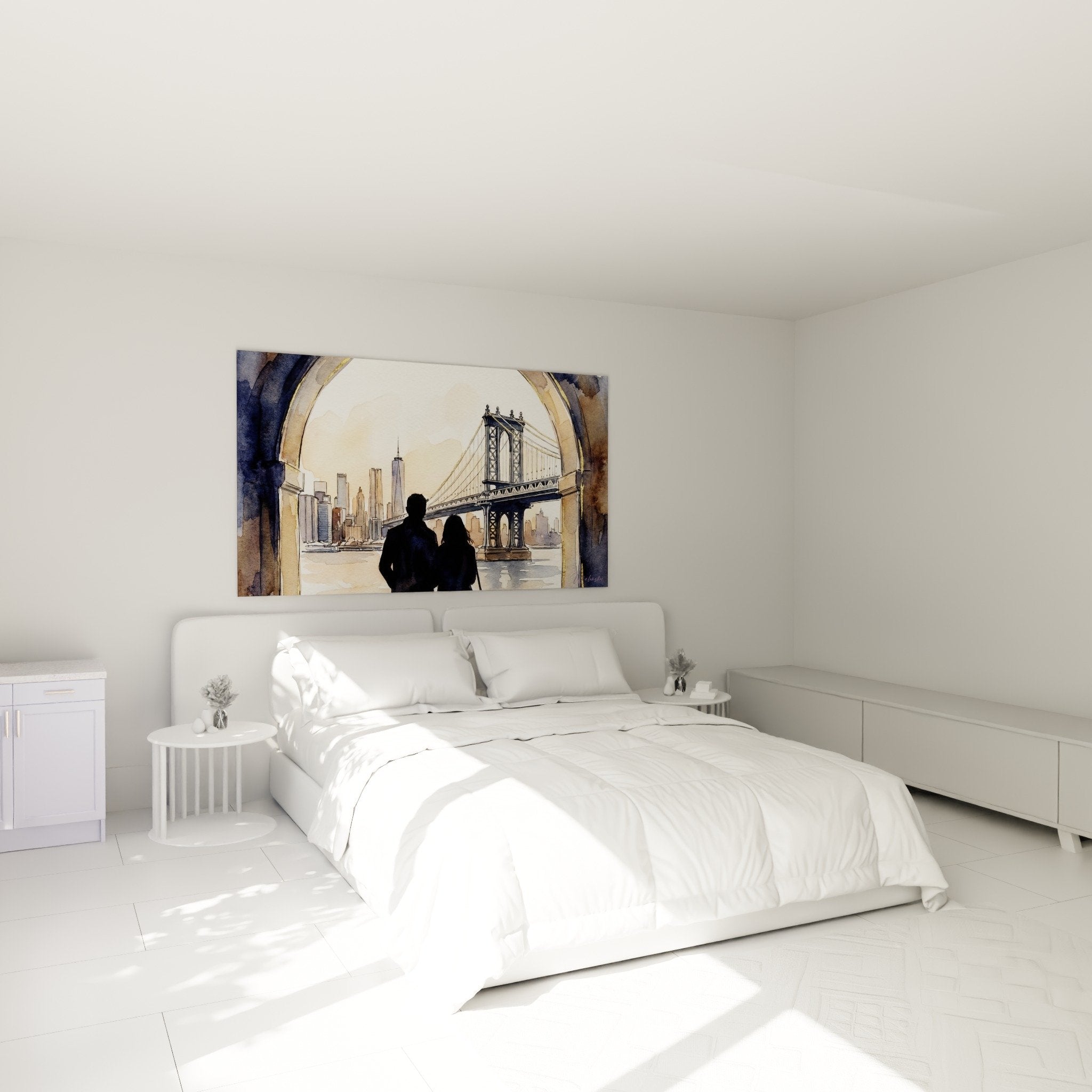Tableau aquarelle pont Brooklyn couple romantique accroche mur chambre decoration murale tons chauds apaisants