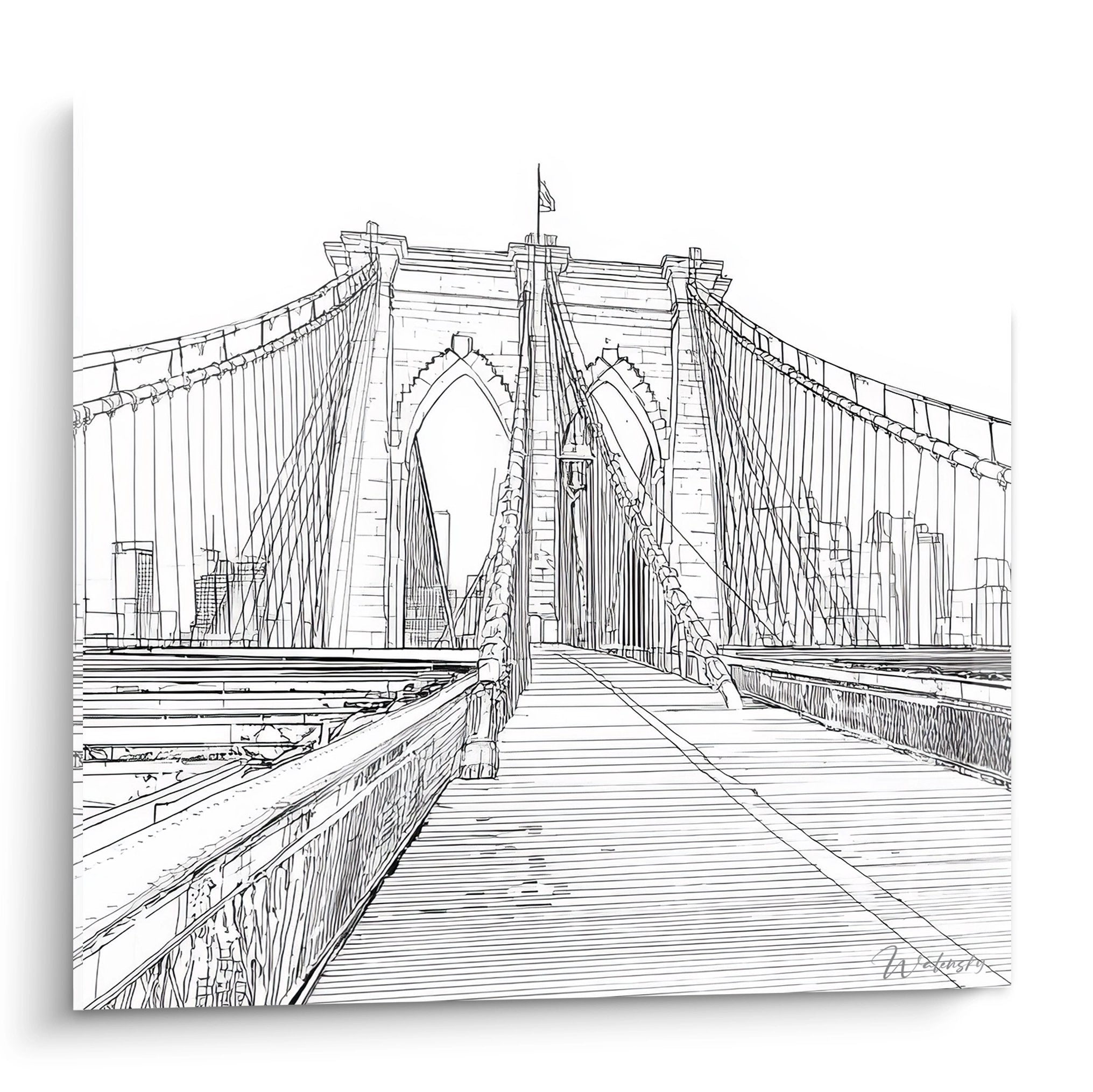 Tableau mural pont de Brooklyn en noir et blanc, perspective architecturale depuis le tablier piétonnier