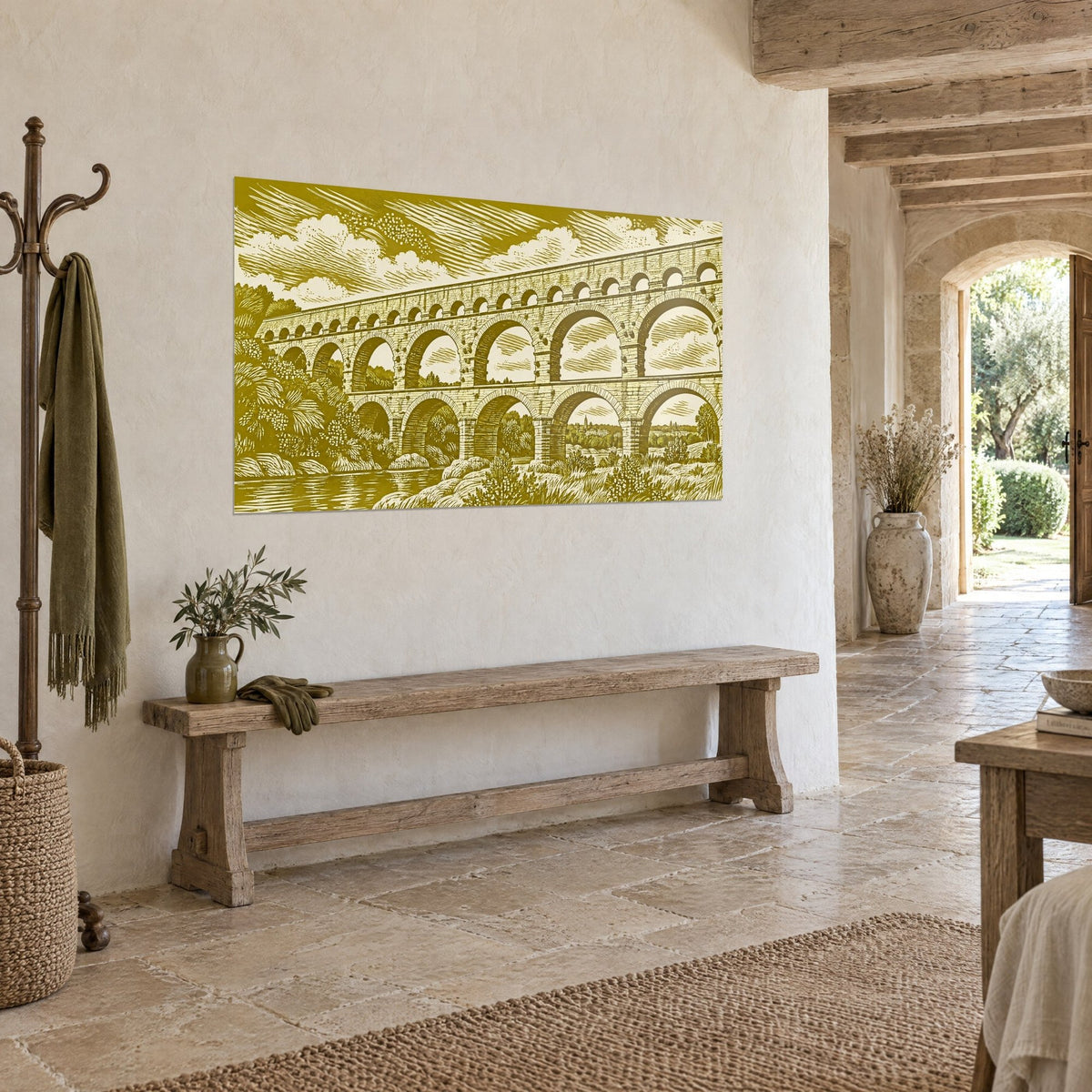 Πίνακας Pont du Gard σε χαρακτικό ώχρας και ελεφαντοστού, γραμμωτά σύννεφα και θαμνώδεις όχθες, δίπλα σε ξύλινη ρουστίκ κονσόλα