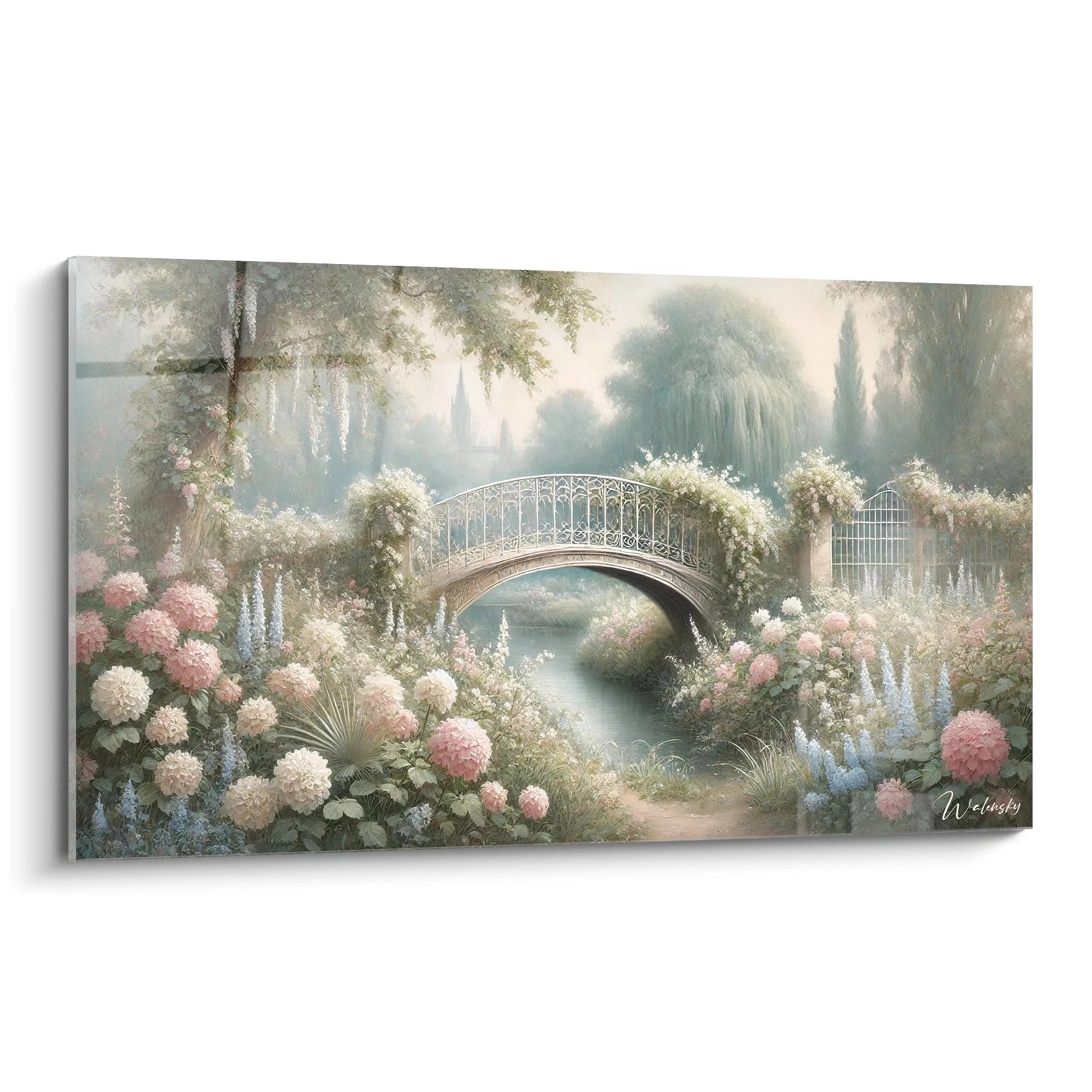 tableau Jardin vu de biais capturant la serenite d un jardin romantique fleurs lumineuses pont delicat au-dessus de la riviere une invitation a la contemplation des details naturels et poetiques