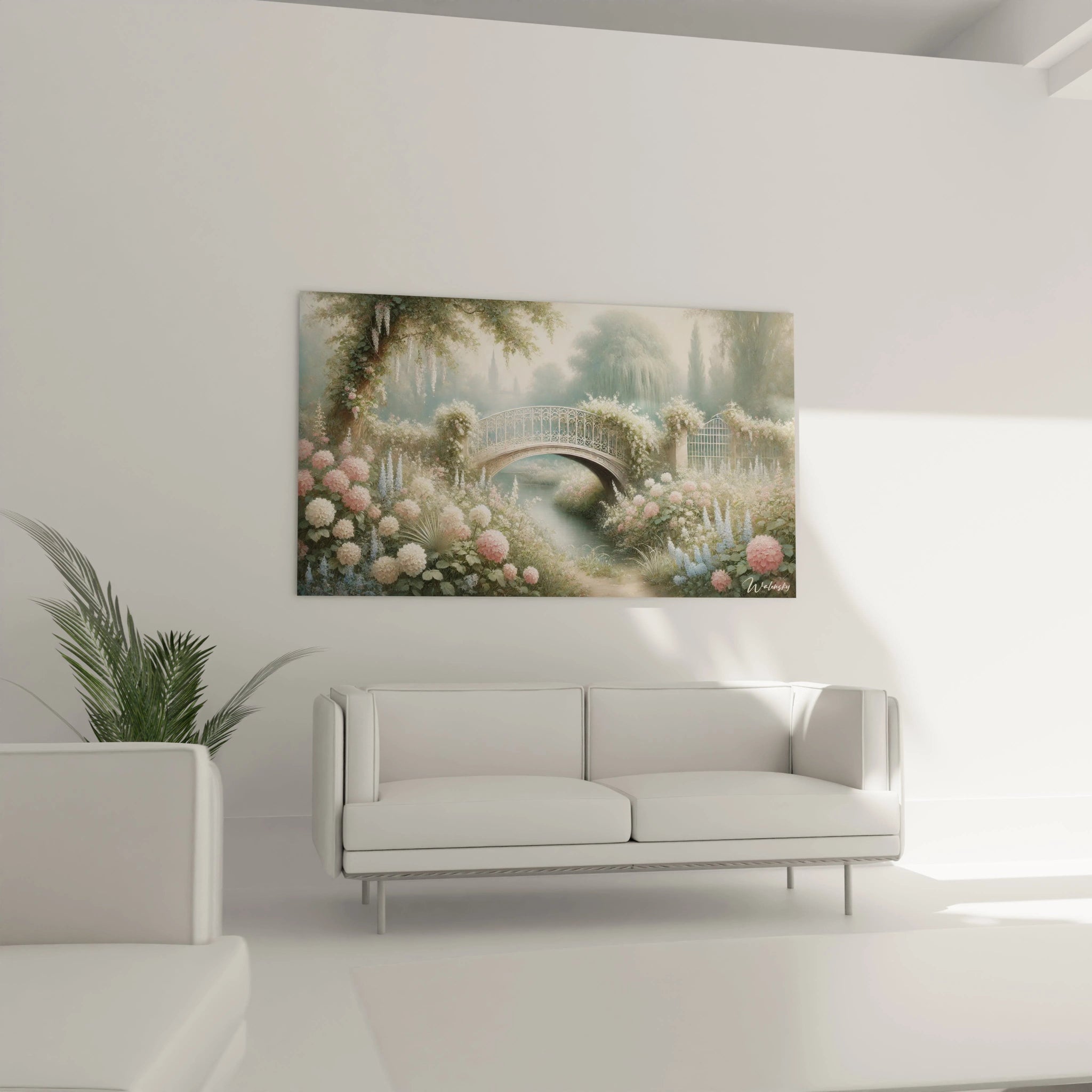 tableau Jardin accroche au-dessus d un canape dans un salon lumineux ajoutant une touche poetique et bucolique vegetation luxuriante couleurs apaisantes ambiance propice a la detente
