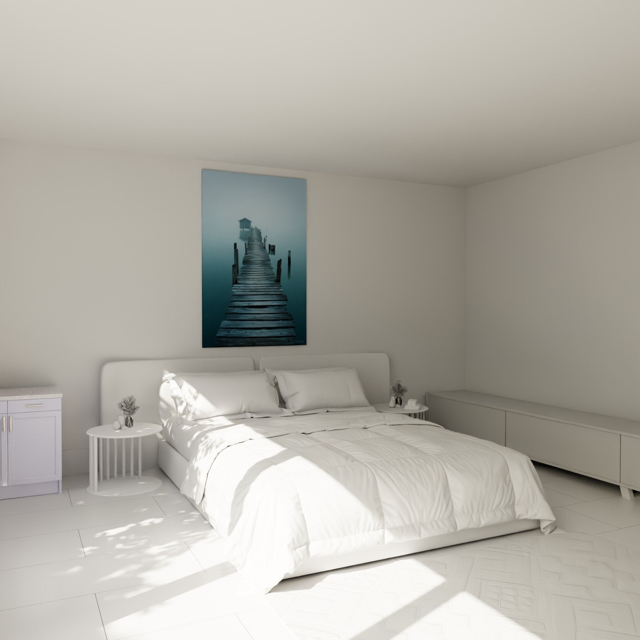 Misty blue-gray pier wall art in bedroom soothing Feng shui North Water decor