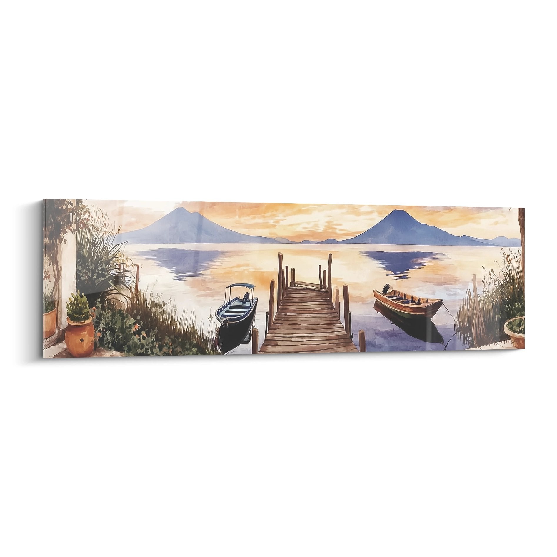 Tableau mural ponton lac coucher soleil avec bateaux et montagnes, décoration nature zen panoramique