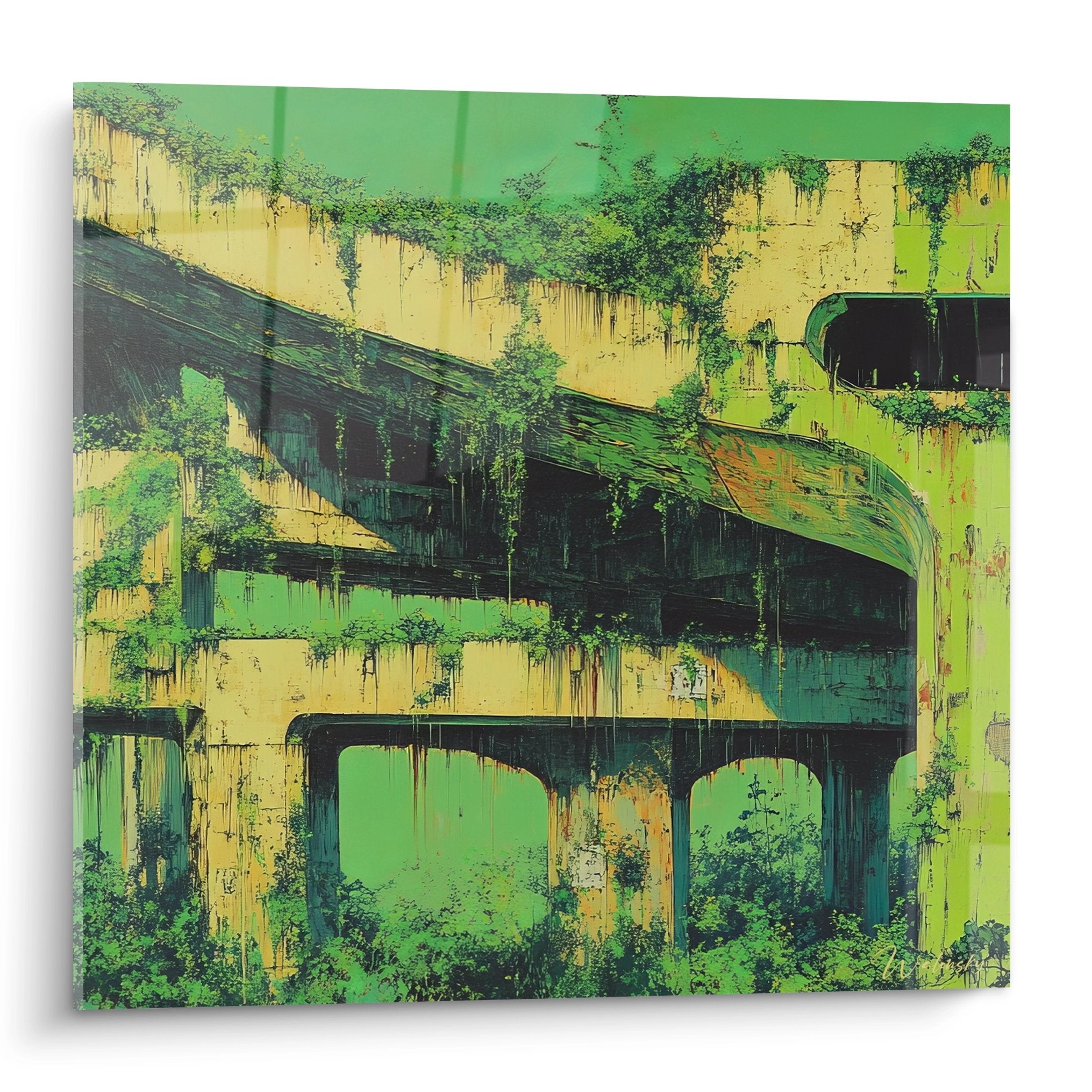 Tableau mural ponts abandonnés végétalisés, infrastructure urbaine envahie par la nature, art architecture