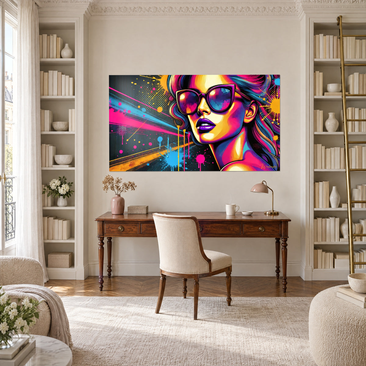Obraz ikona pop art o granatowych włosach z różowymi pasmami, intensywny żółty, między dwiema białymi biblioteczkami nad drewnianym biurkiem