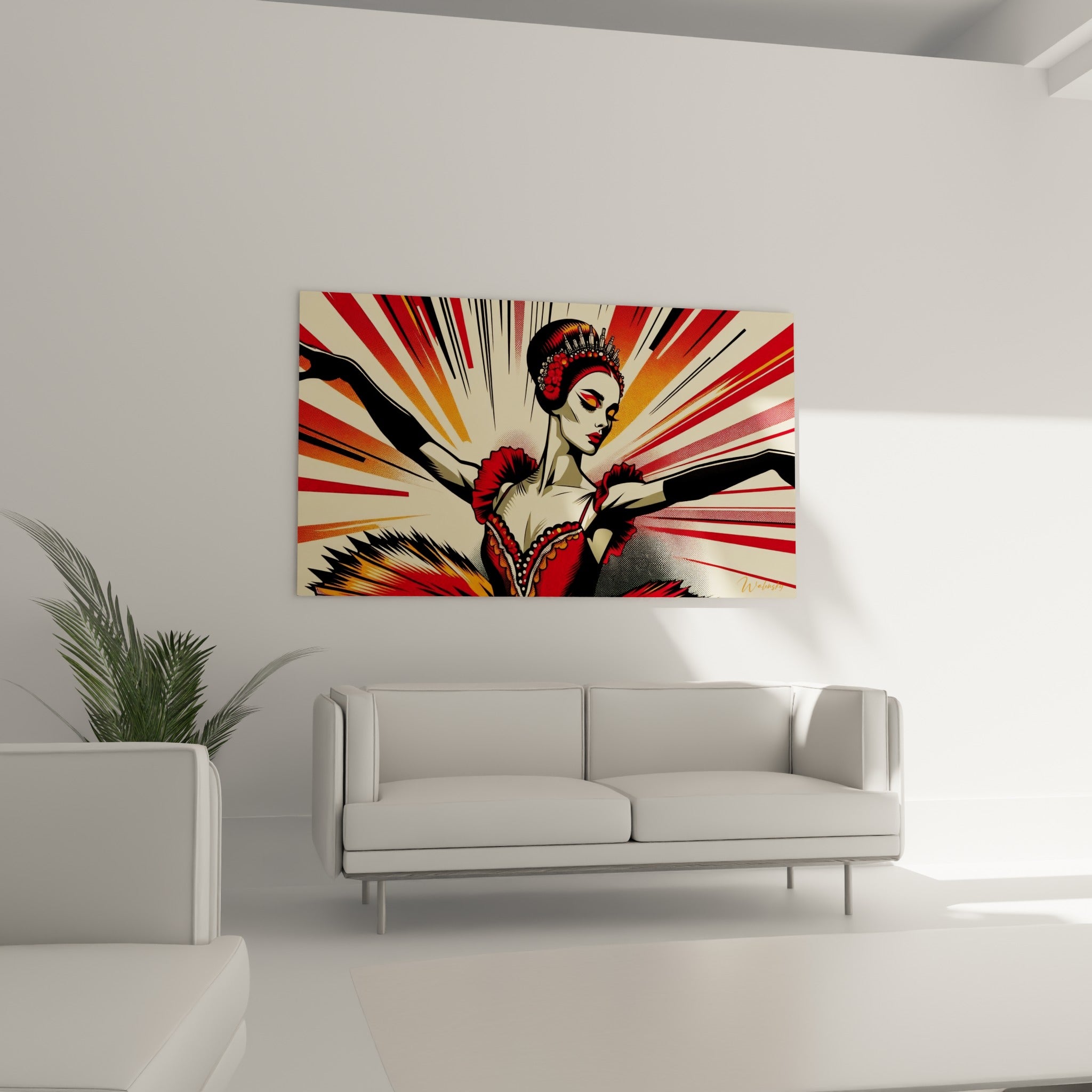 Silhouette de danseuse écarlate et anthracite en mouvement, au-dessus d'un canapé dans un salon lumineux
