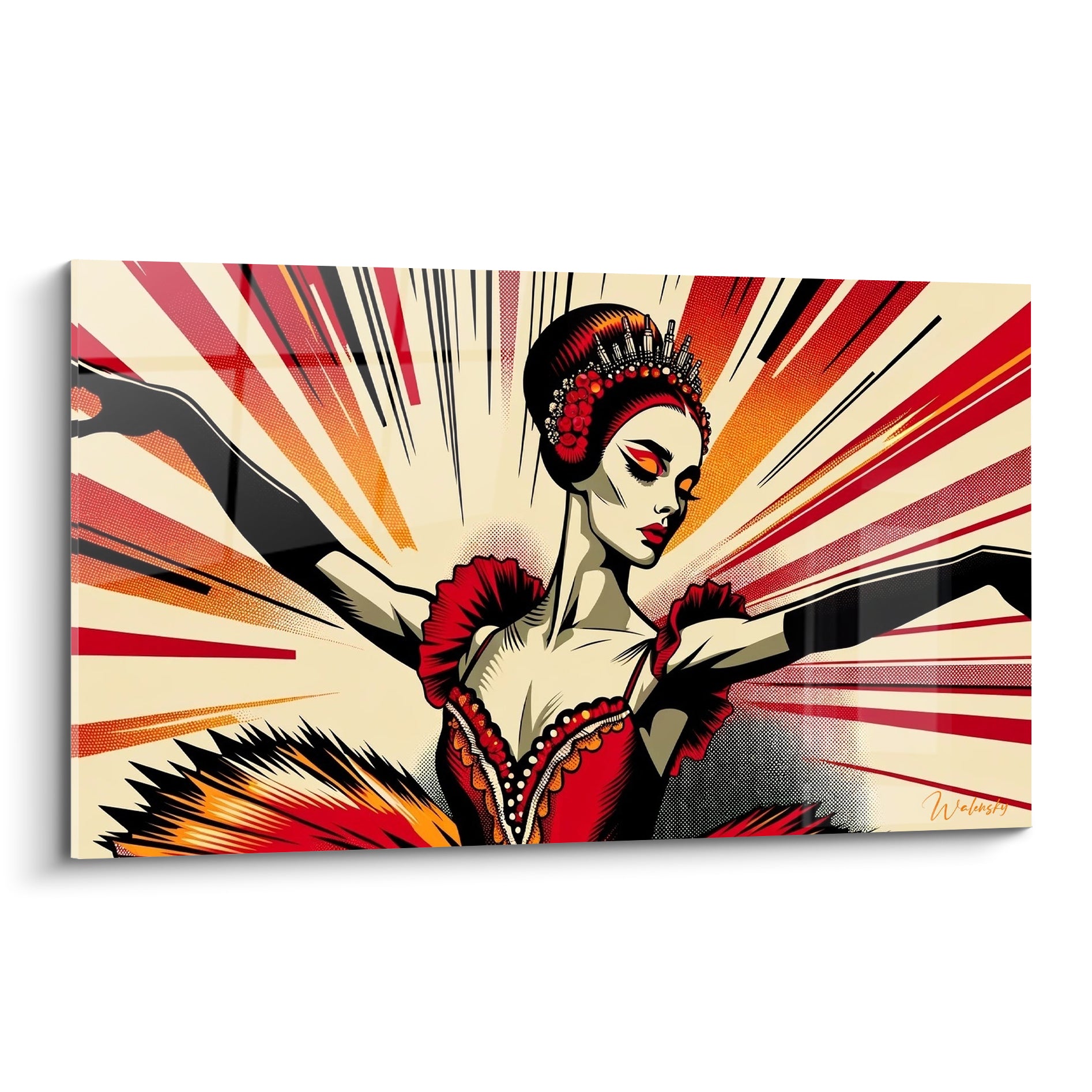 Danseuse en tutu rouge et noir figée en plein envol, rayons ocre et crème en arrière-plan