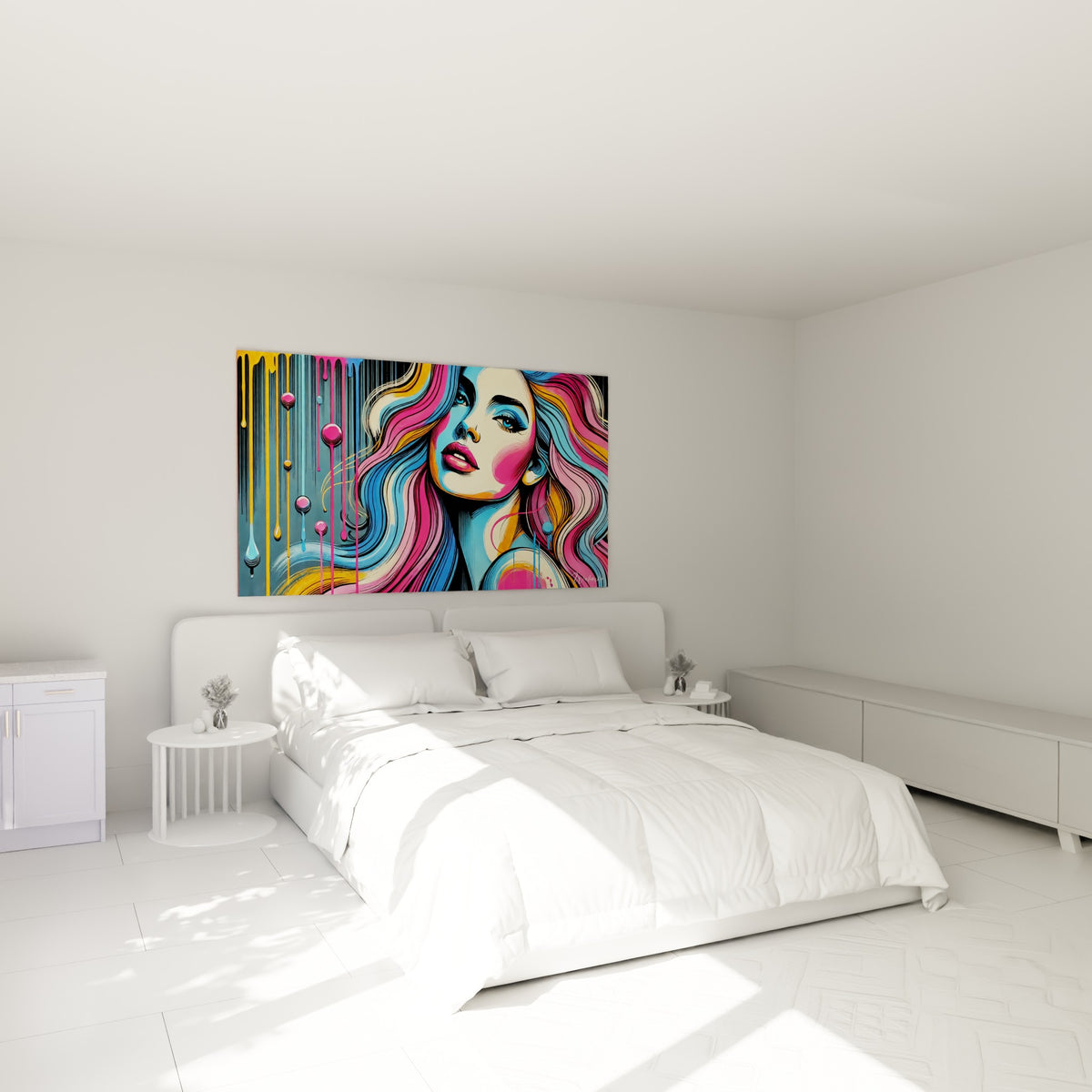 Visage stylisé aux mèches fuchsia et bleu ciel accroché au-dessus d'un lit dans une chambre claire