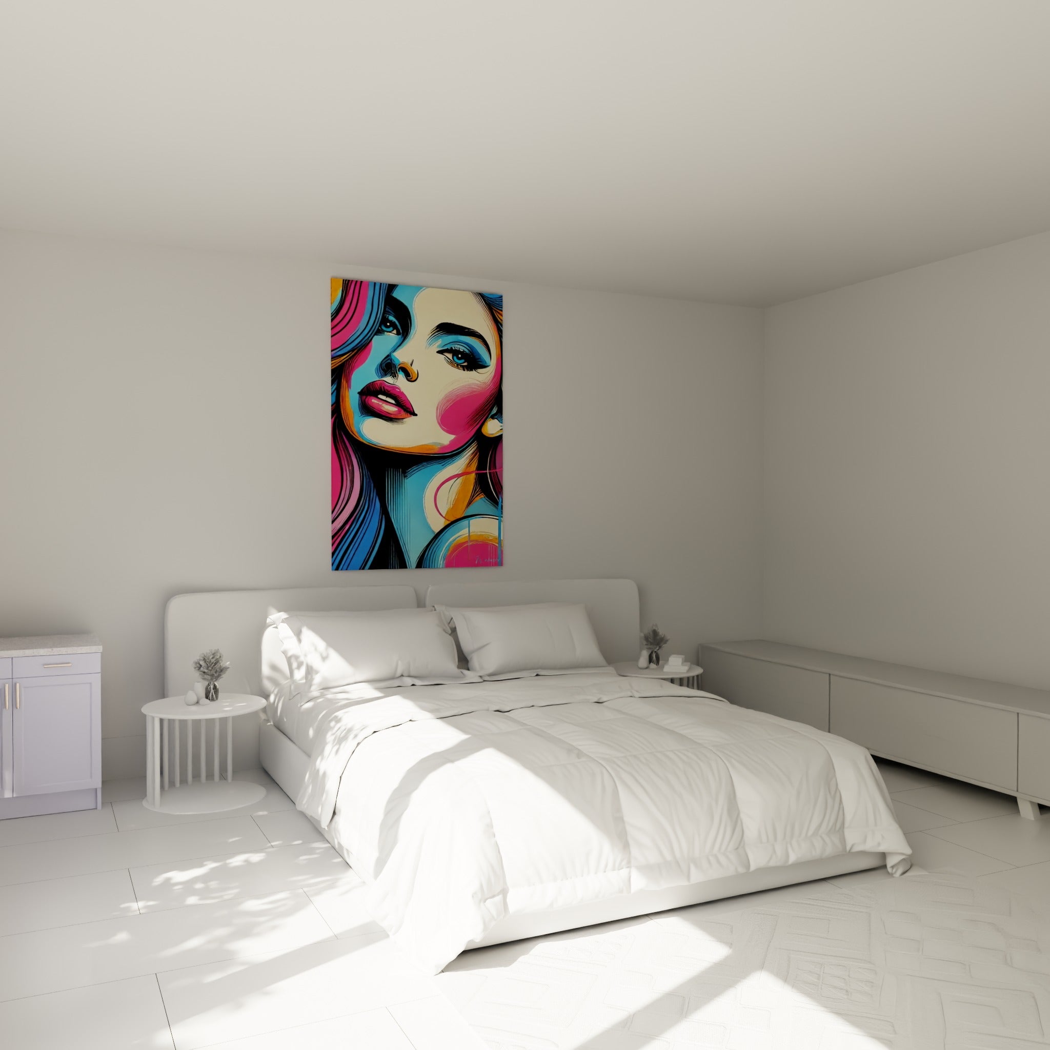 Portrait pop art abstrait rose et bleu au regard perçant, accroché au-dessus d'un lit dans une chambre claire