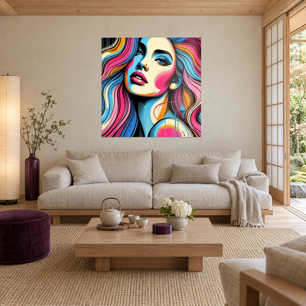 Schilderij pop-artportret met lange roze en blauwe plukken, frambozenkleurige lippen en een opwaartse blik, boven een bank in een lichte woonkamer