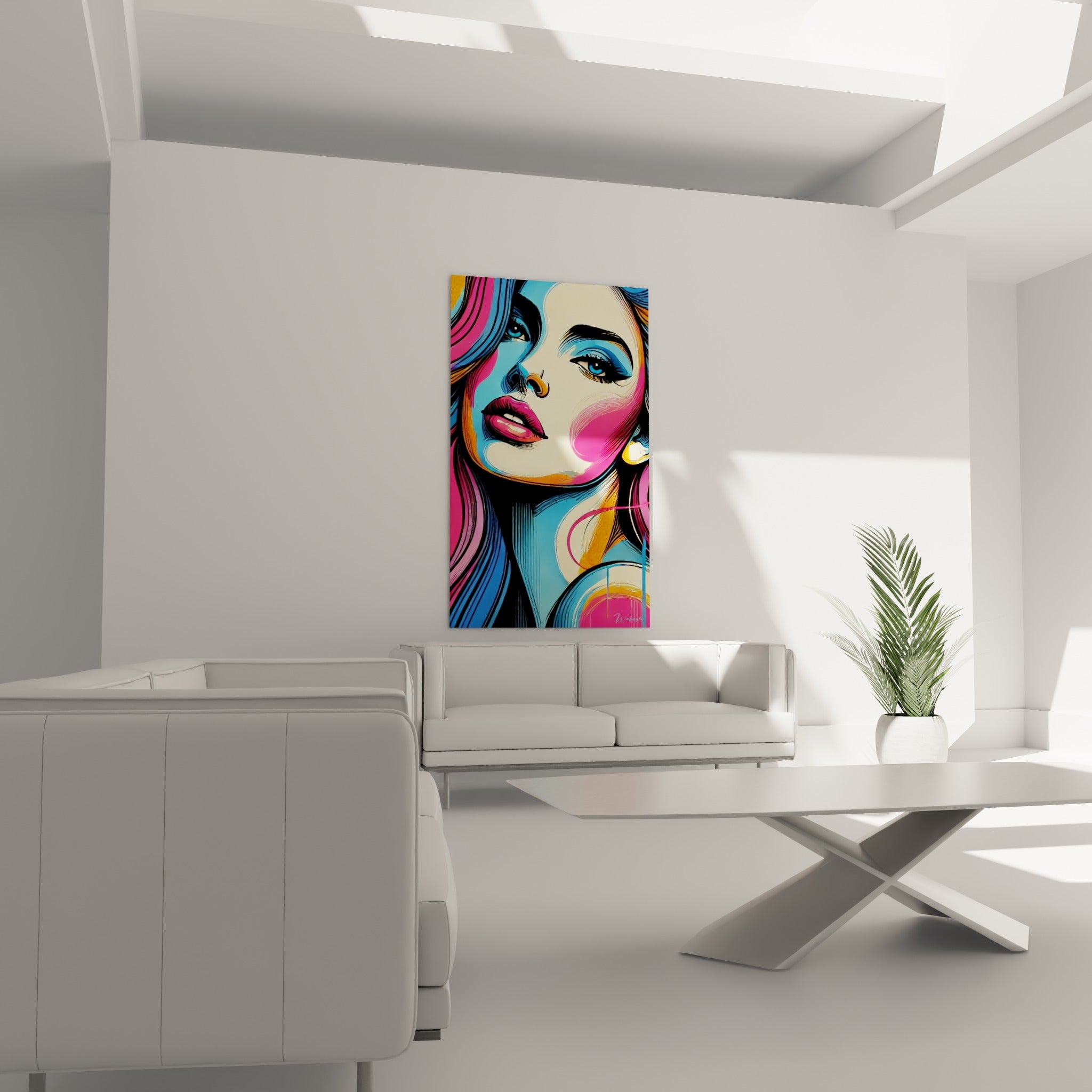 Visage graphique orange et rose du tableau pop art abstrait, accroché au-dessus d'un canapé dans un salon lumineux