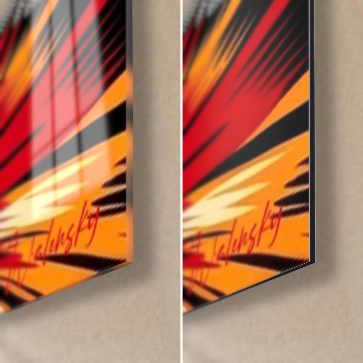 Tableau ballerine aux éclats orange et rouge, coin bas droit : verre acrylique brillant à gauche, Dibond noir mat à droite