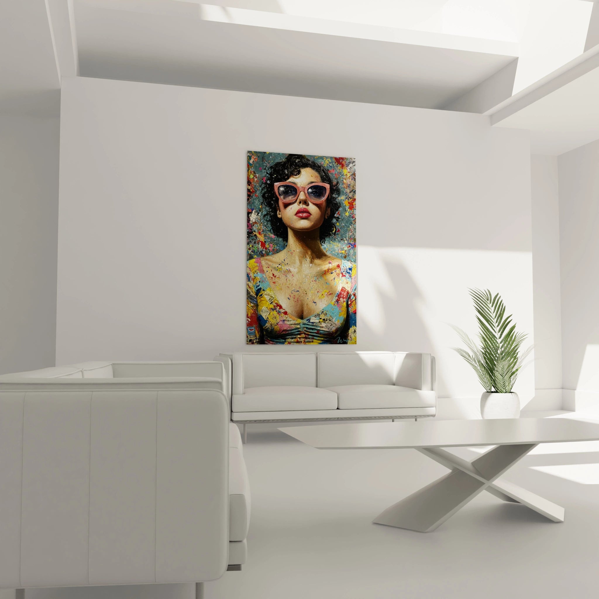 Tableau pop art portrait femme avec des couleurs vives et un style moderne dans un salon contemporain